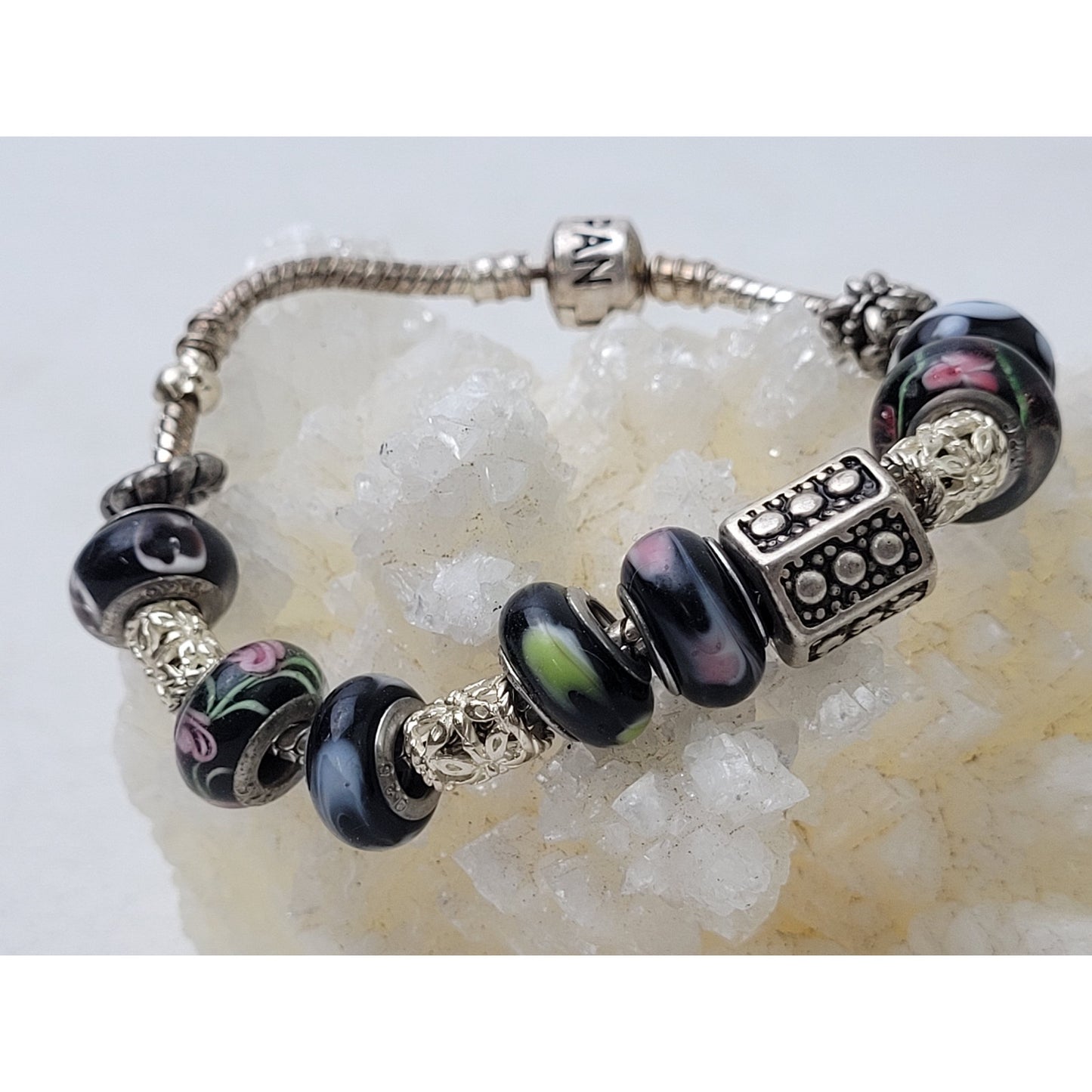 Authentic Pandora Sterling Silver Bracelet 13 Charms | Murano Glass & Metal