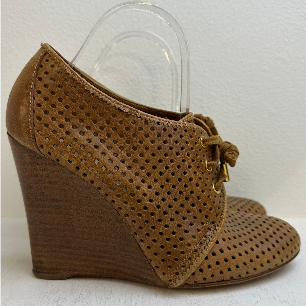 Tory Burch Camel Perforated Leather Victor Lace-Up Wedge Booties Women's Sz 9