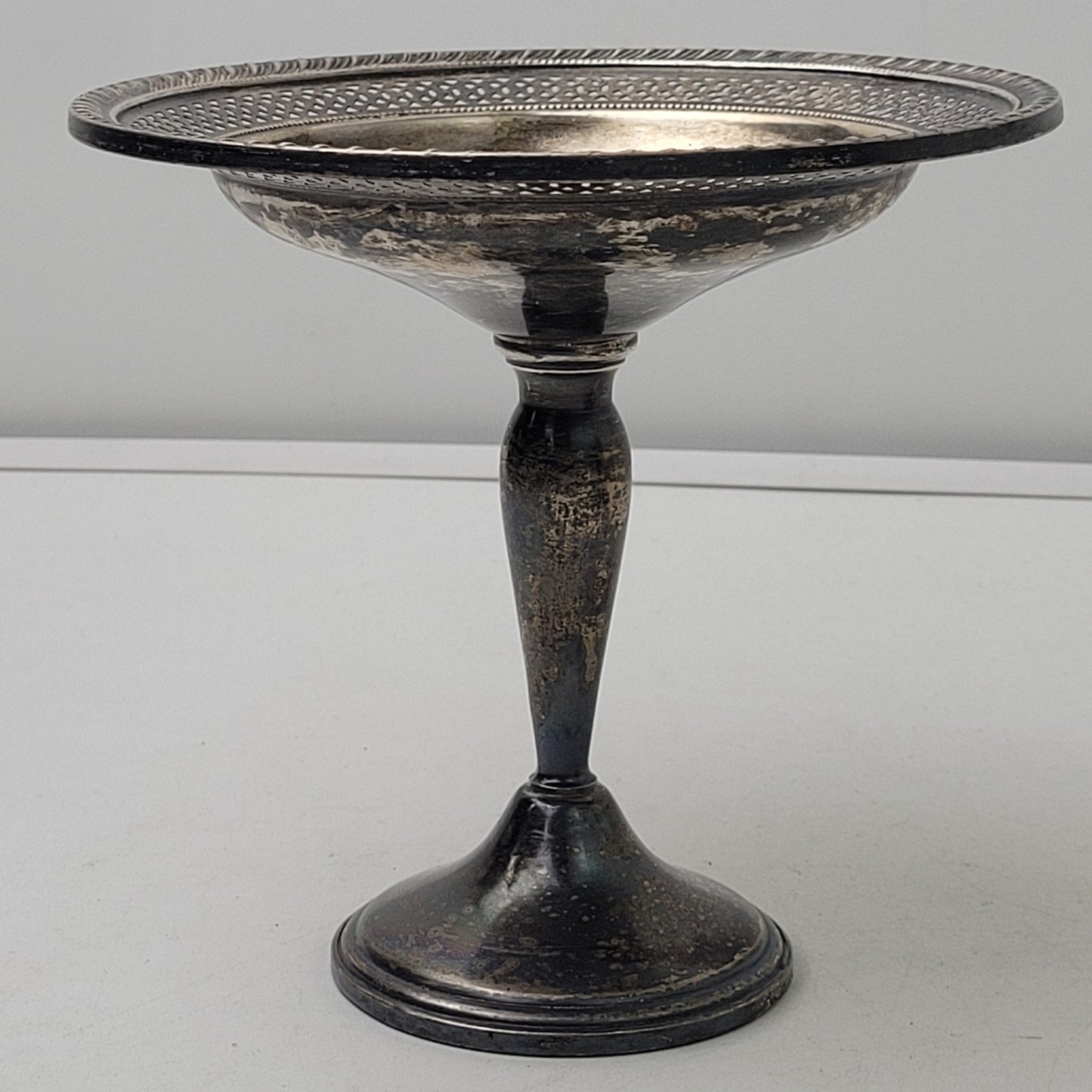 Vintage Sterling Silver Weighted Compote Pedestal Dish ft Pierced Lattice Border
