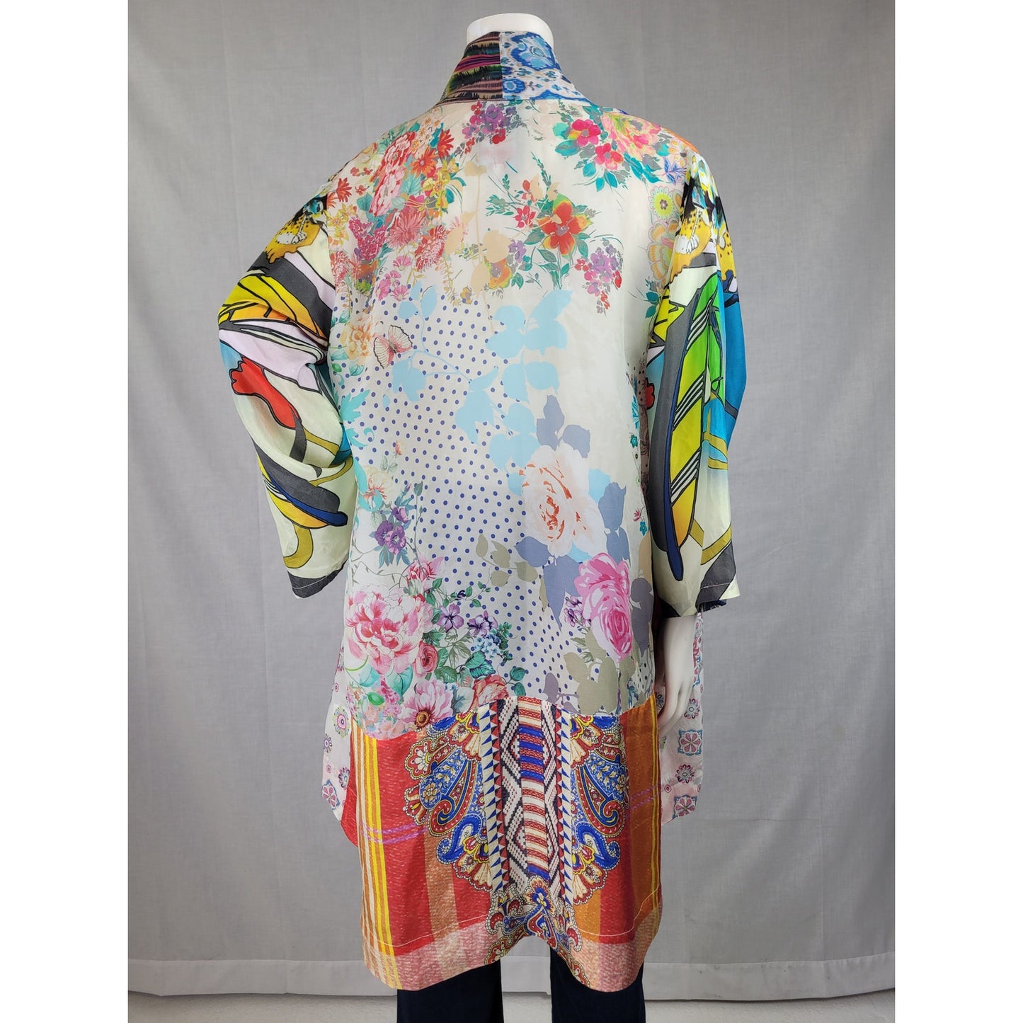 Johnny Was Multicolor Patchwork Silk Kimono Jacket Bohemian Style Sz S