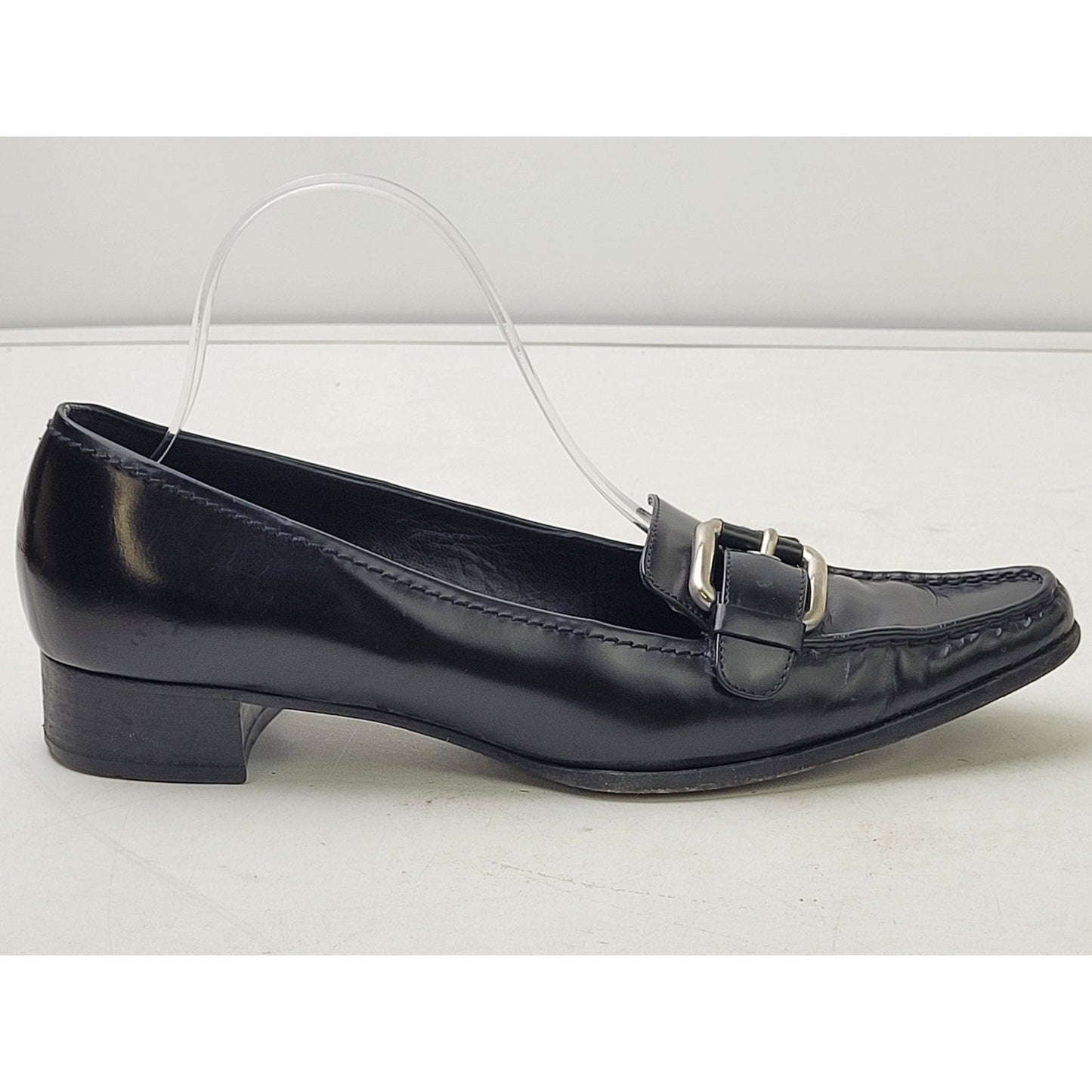 Vintage PRADA Black Leather Loafers Silver Buckle Women's Sz EU 38 1/2 / US 8