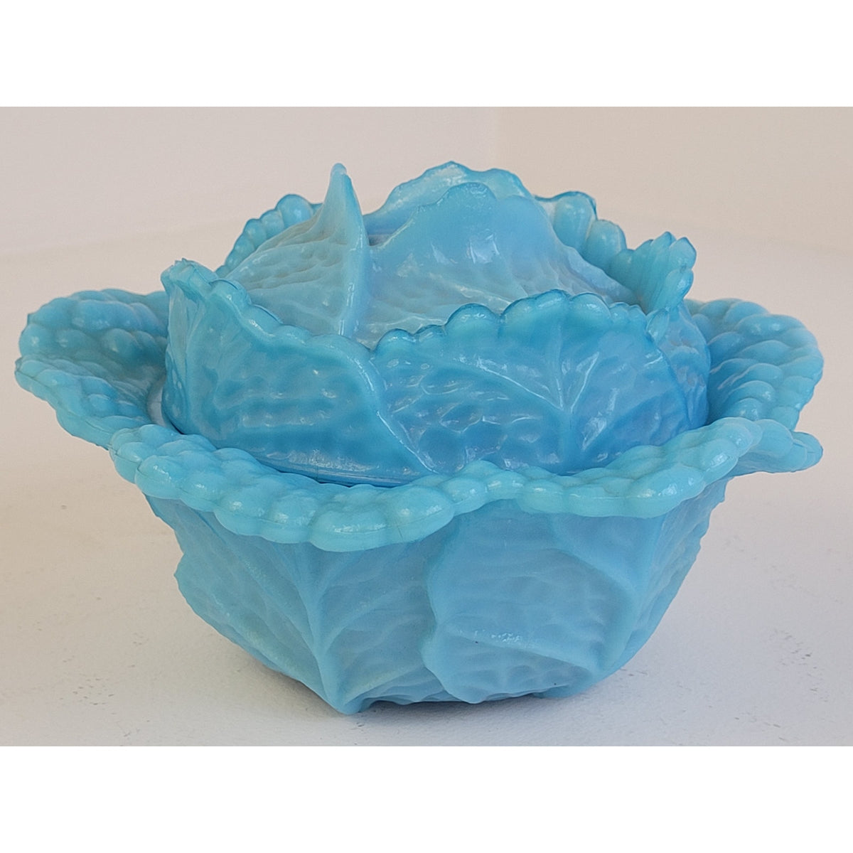 Vintage French Opaline Glass Portieux Vallerysthal Cabbage-Shaped Covered Bowl