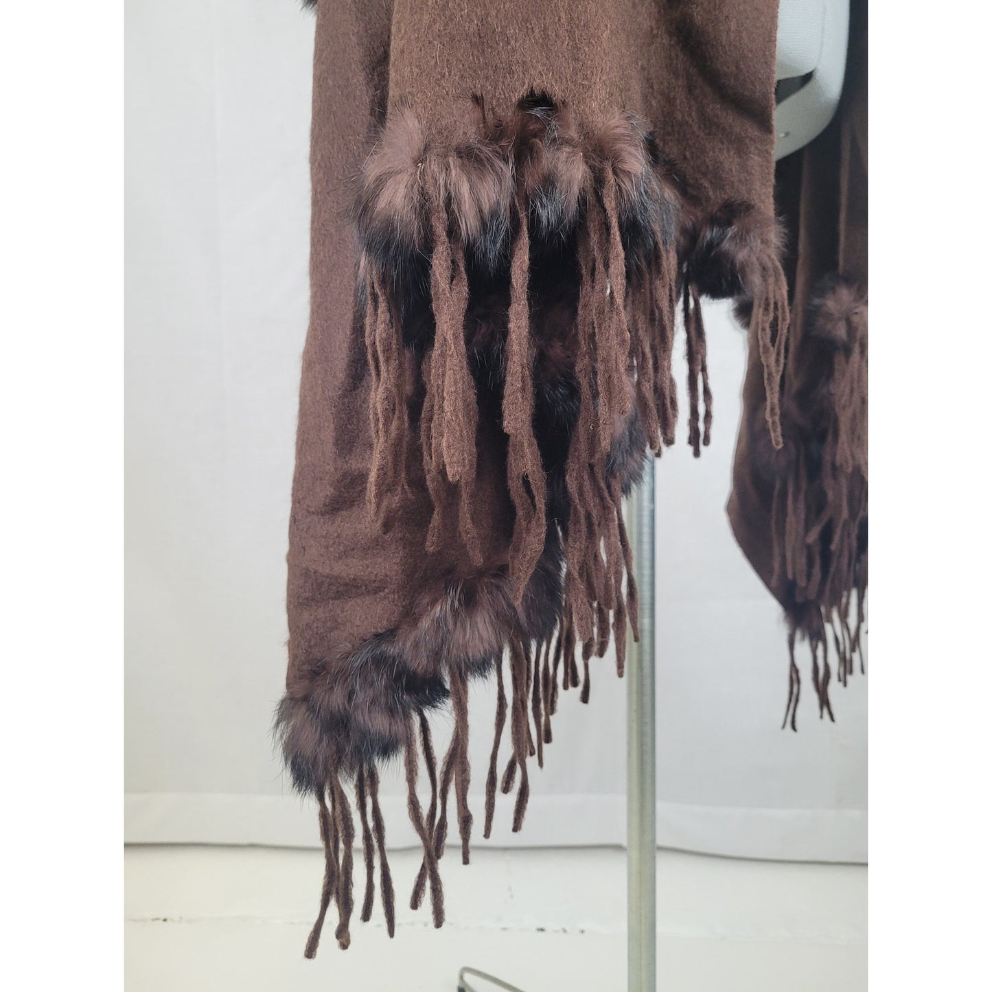 Vintage Brown Cashmere Shawl Scarf Rabbit Fur Trim and Fringe