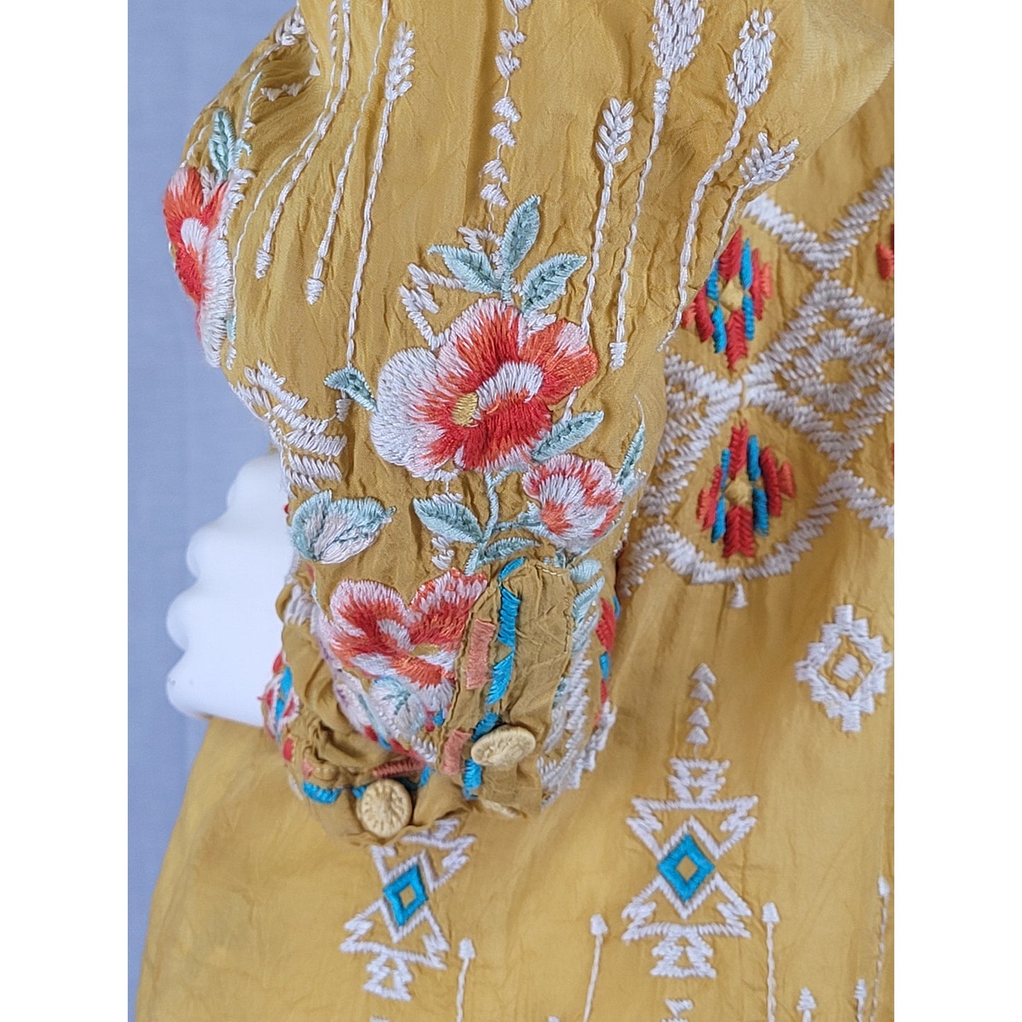 Johnny Was Donya Top Featuring Intricate Embroidery Detail & Tie-Front Sz M