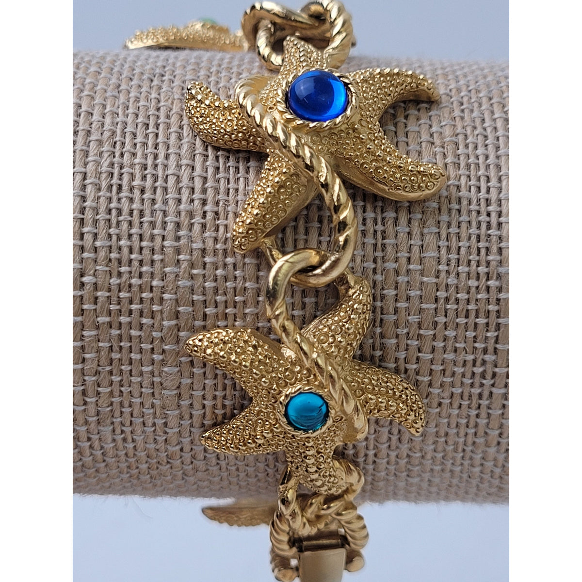 VTG 80s Trifari Gold-Tone Starfish Bracelet w Blue & Green Cabochon Stones EUC
