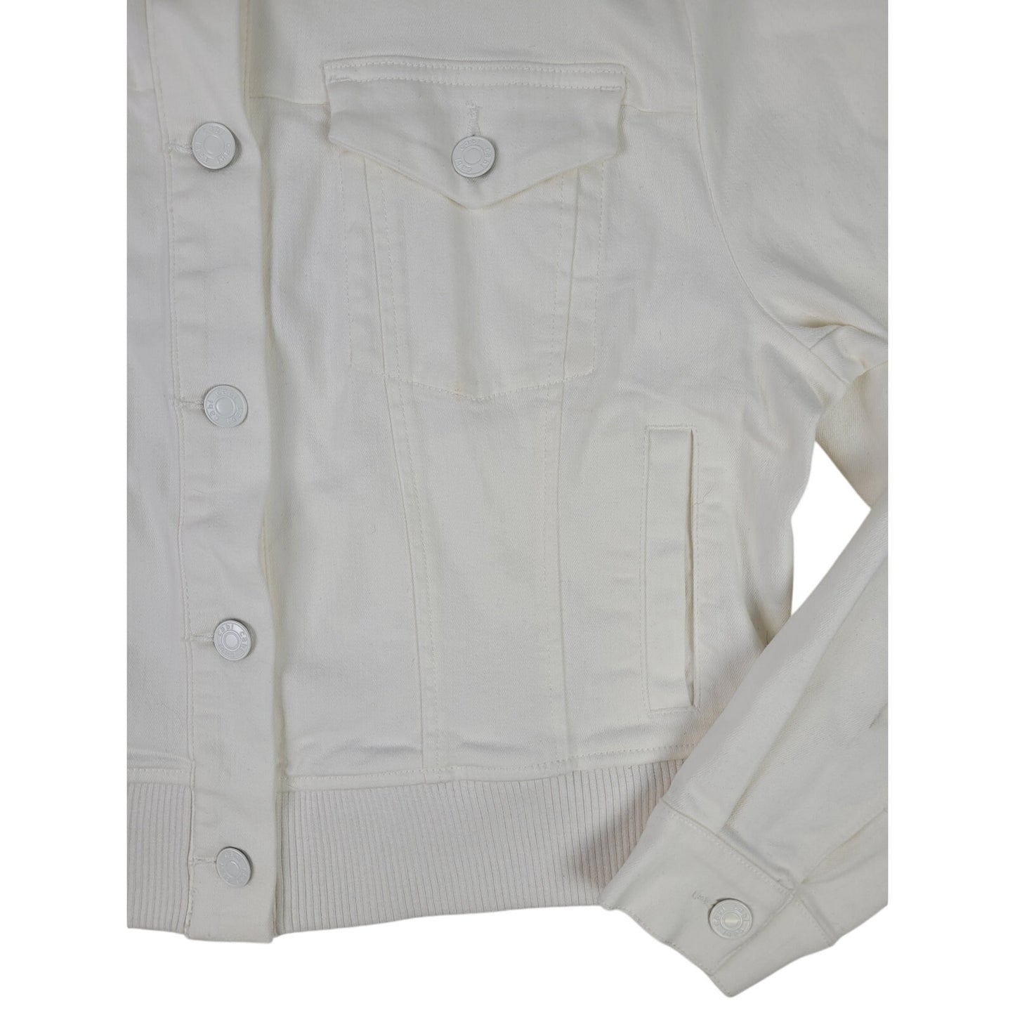 Cabi Everyday Trucker Jacket White Stretch Denim Ribbed Knit Hemline Sz XL