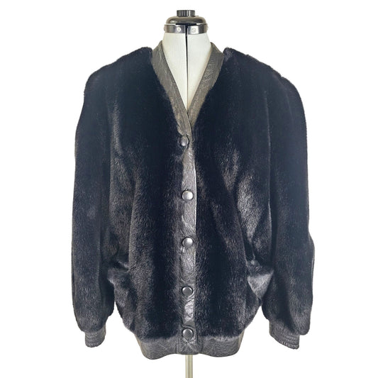 Vintage 1970-80s Adolph Shuman for I.Magnin Faux Fur Jacket Leather Trim Sz S/M