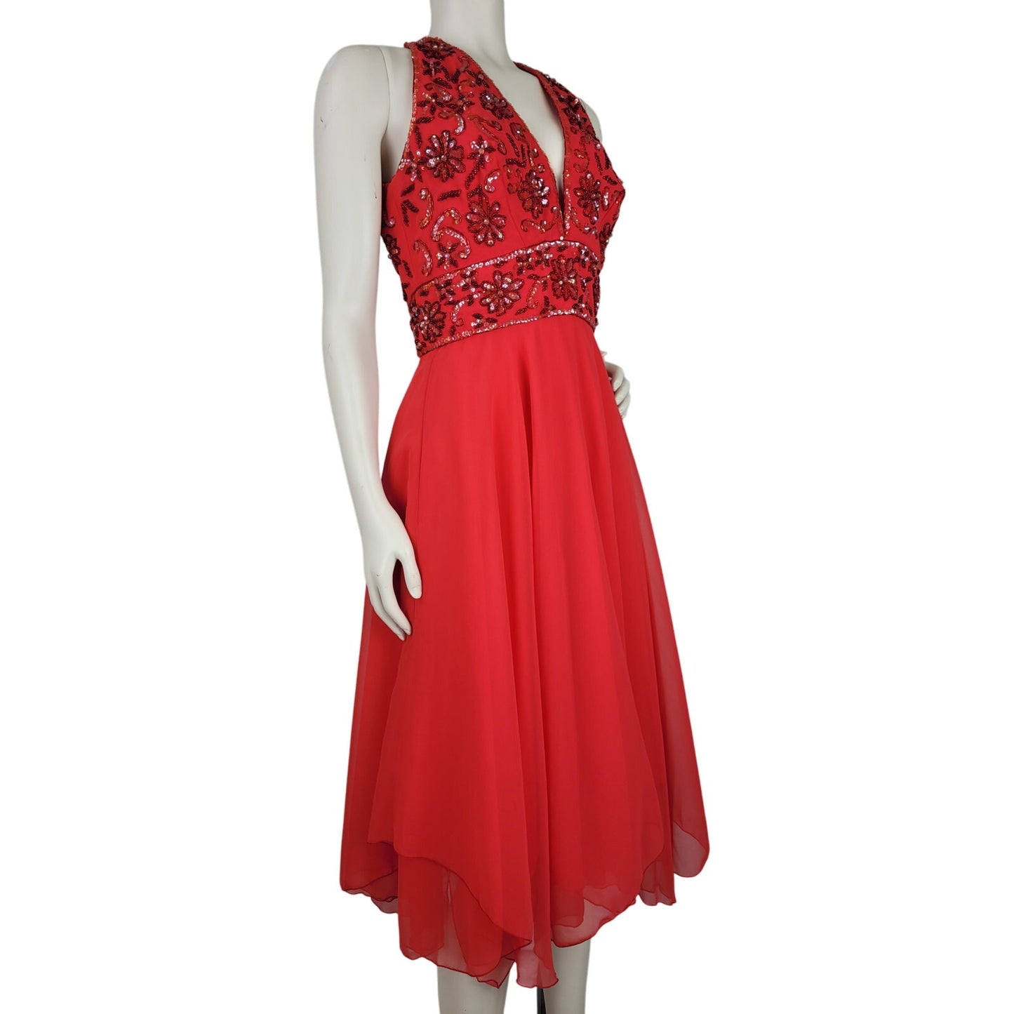 1960s Designer Jack Bryan Beaded Red Cocktail Dress 26" Waist