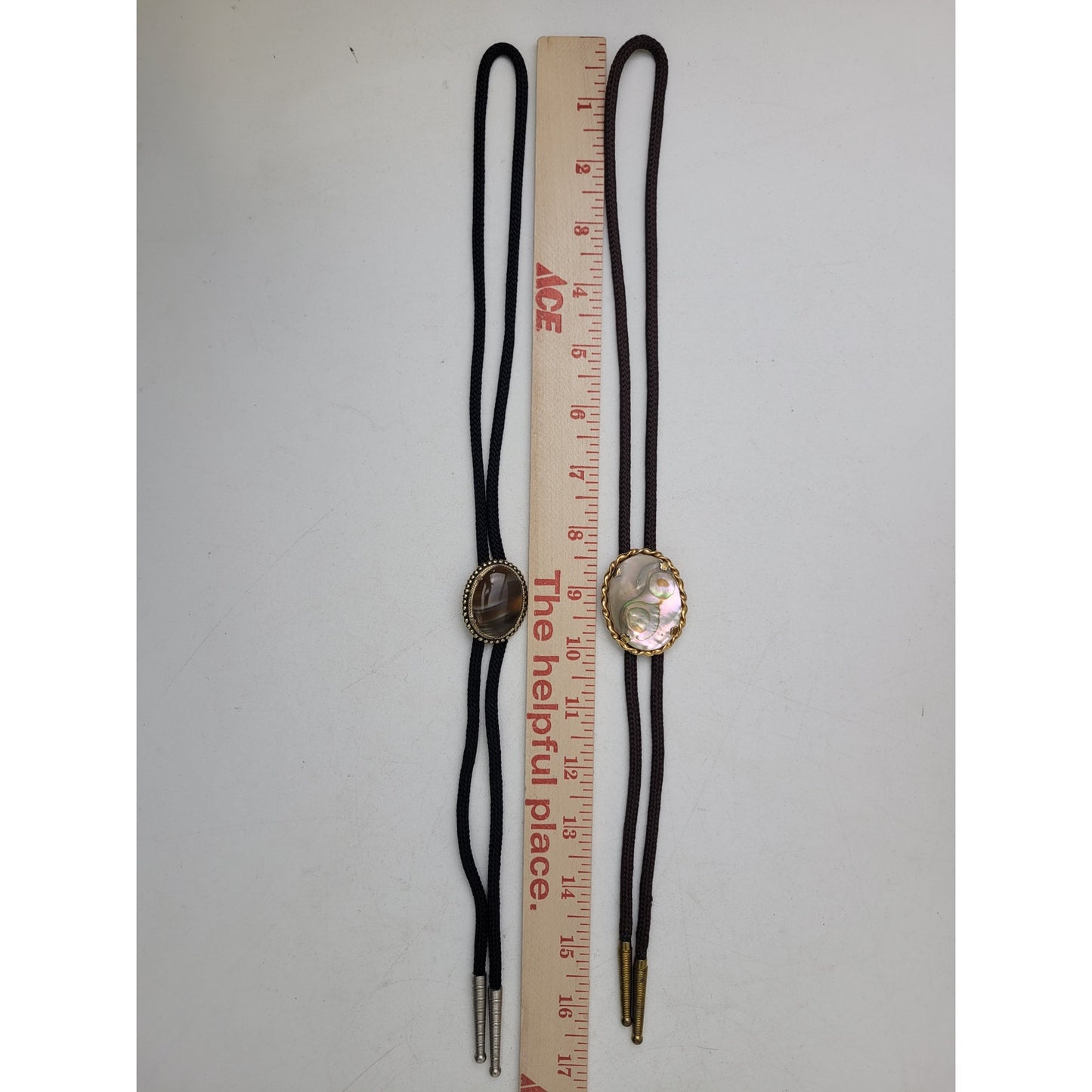 Vintage Pair of Western-Style Bolo Ties Mother of Pearl & Banded Agate Stone