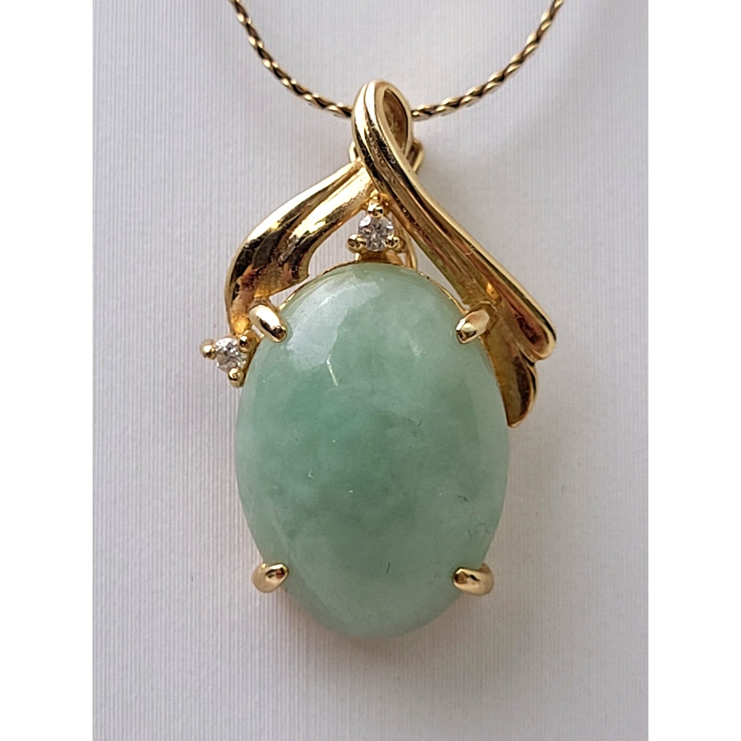 14K Yellow Gold Jade & Diamond Pendant on Flat Twisted Cable Chain Necklace