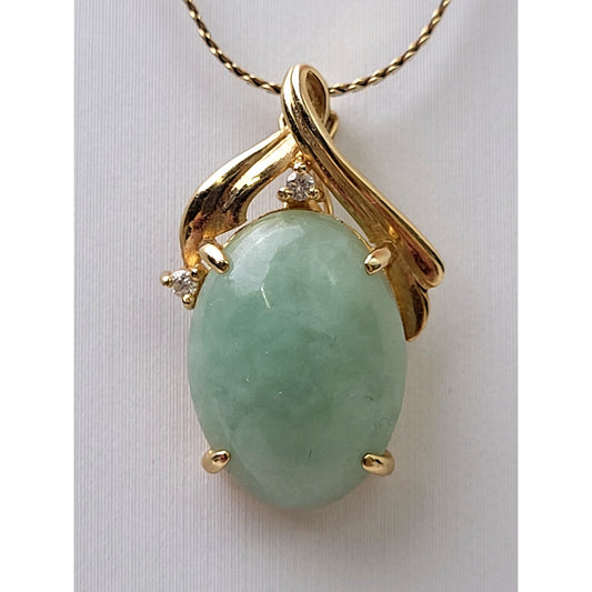 14K Yellow Gold Jade & Diamond Pendant on Flat Twisted Cable Chain Necklace
