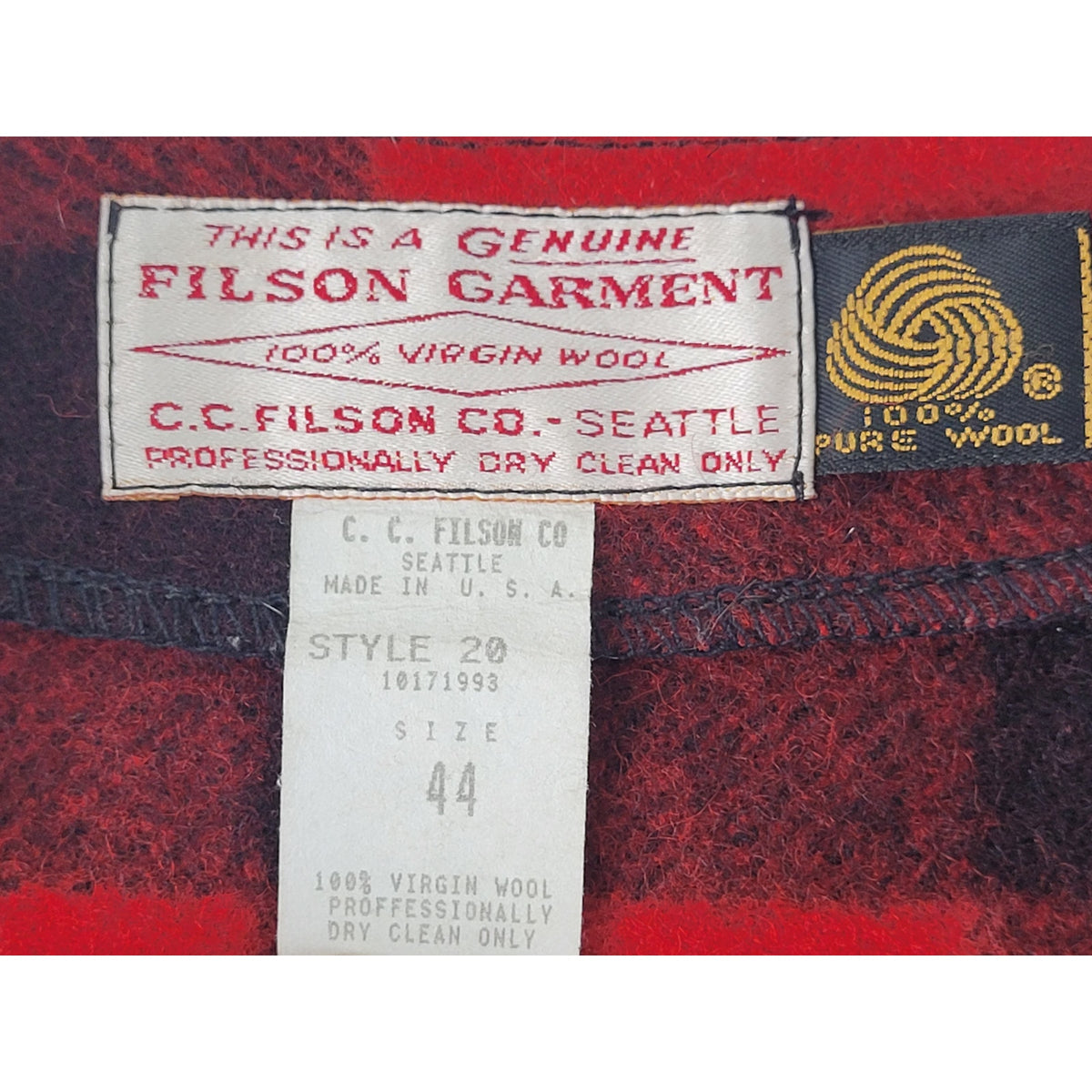 VTG 80s Filson Mackinaw Wool Vest Red & Black Buffalo Plaid Pattern Men's Sz 44