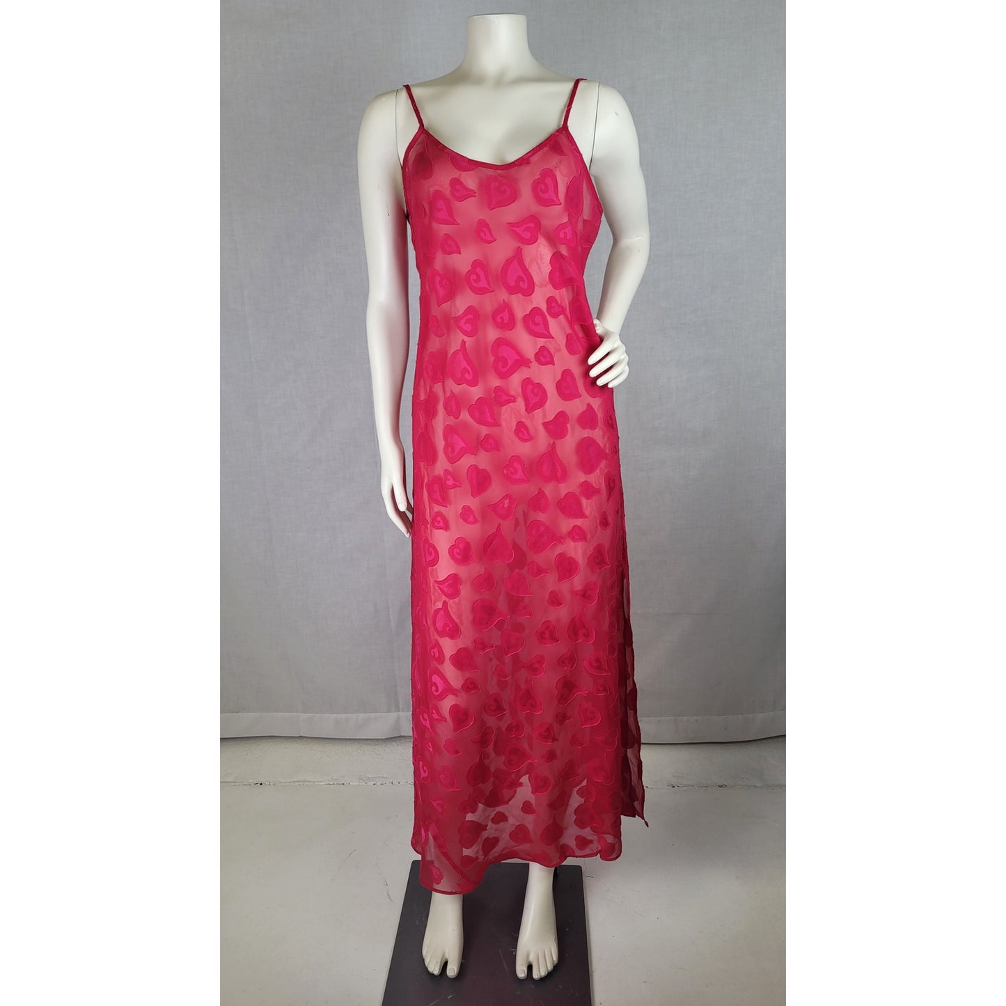 Vintage Y2K Victoria's Secret Long Pink Heart Print Sheer Slip Dress Lingerie Sz M
