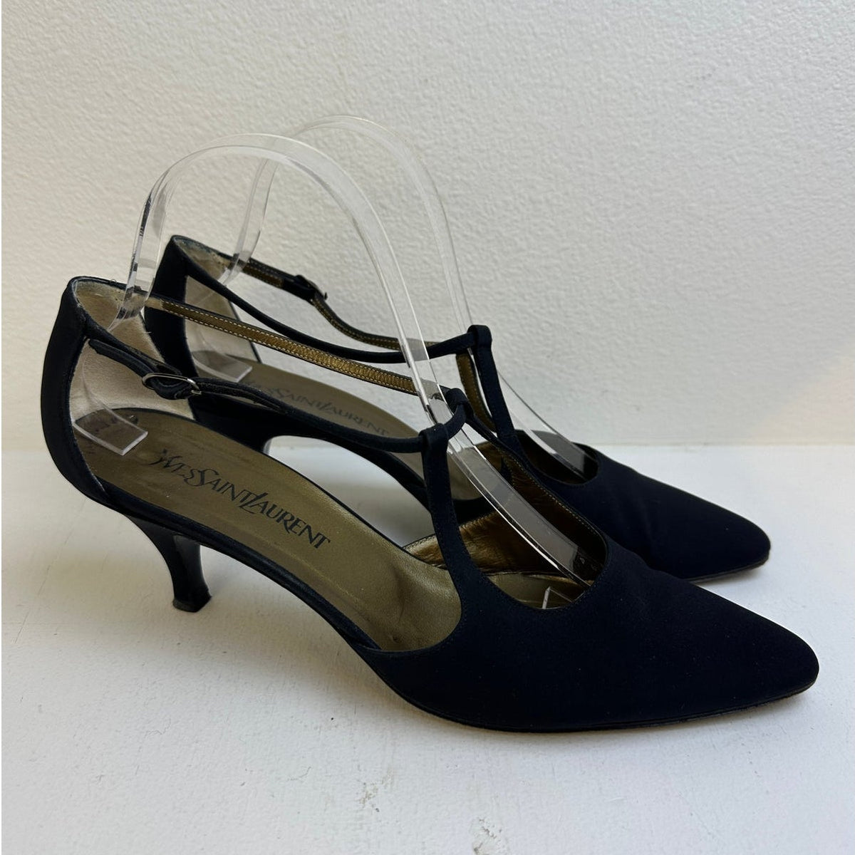 Vintage Yves Saint Laurent Black T-Strap Kitten Heels Women's Sz 9