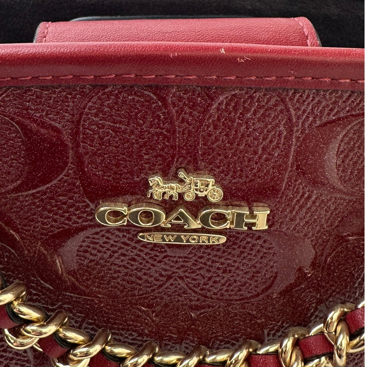Coach Signature Debossed Patent Leather Cherry Red Small Margot Carryall