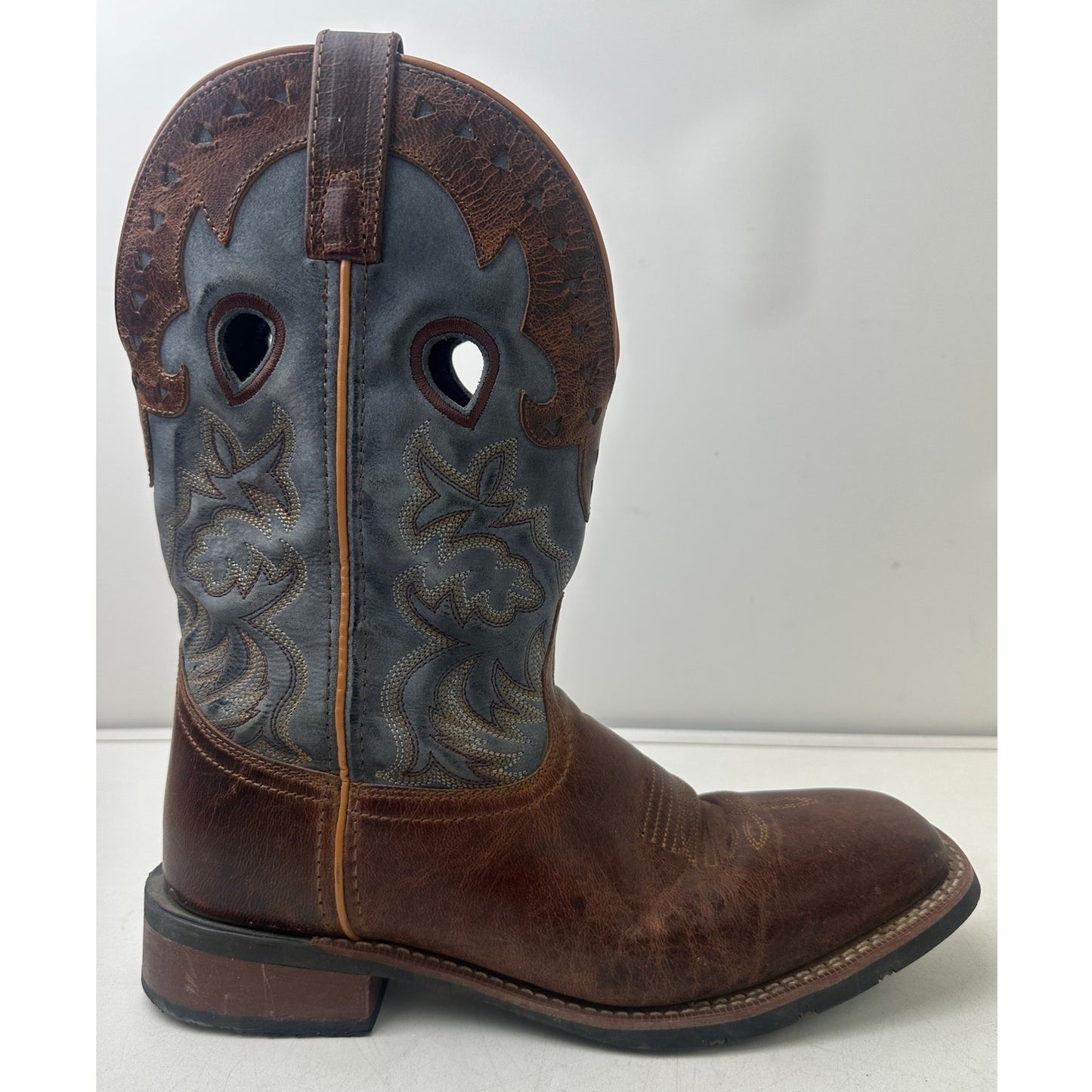 Laredo Ross Tan & Blue Broad Square Toe Western Boots Men's Sz 10.5