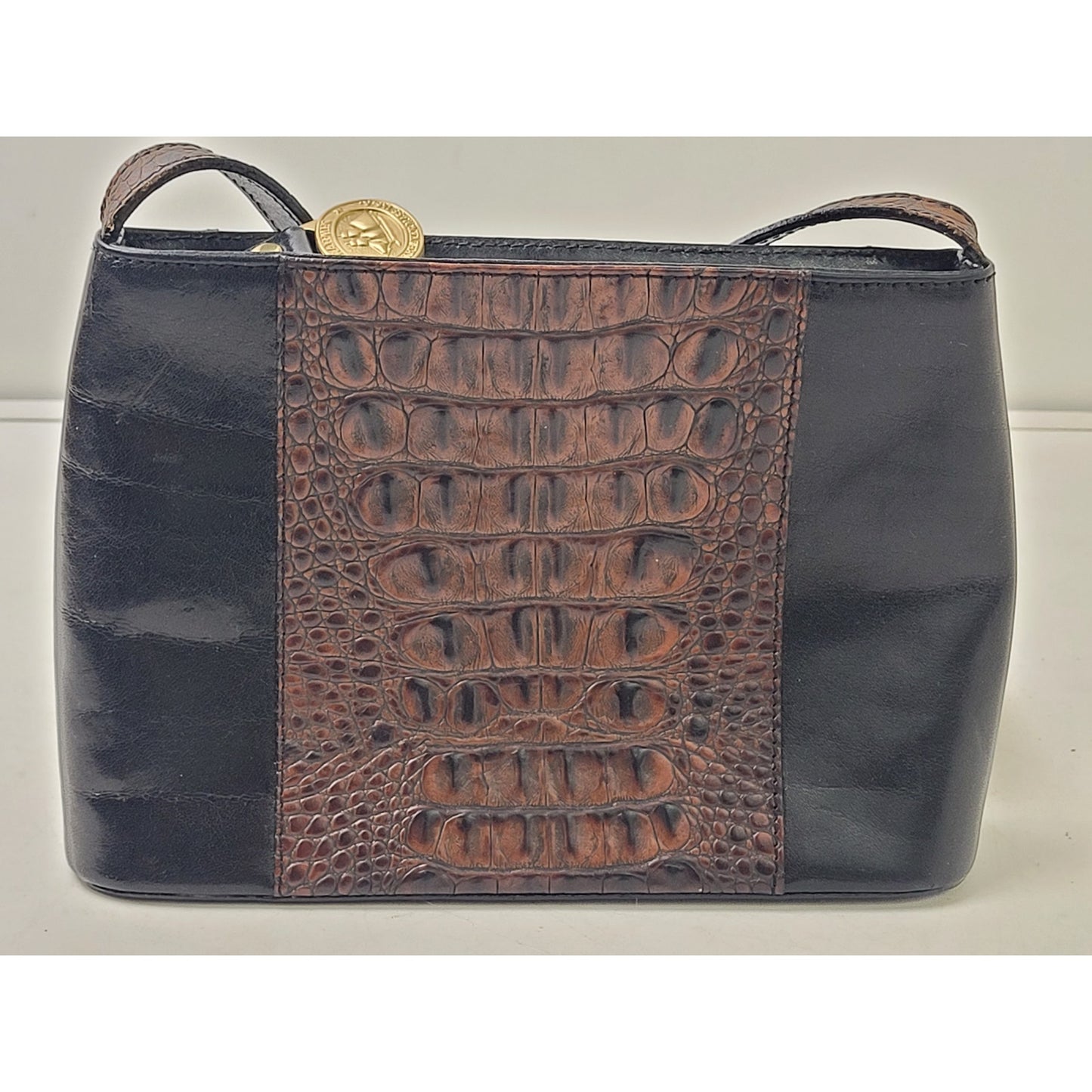 Vintage Brahmin Crossbody Bag in Two-Tone Black & Brown Croc Embossed Leather