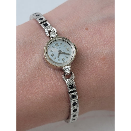 VTG Elgin 14K White Gold Wristwatch w 2 Diamonds & 22 Sapphires or Onyx | Runs