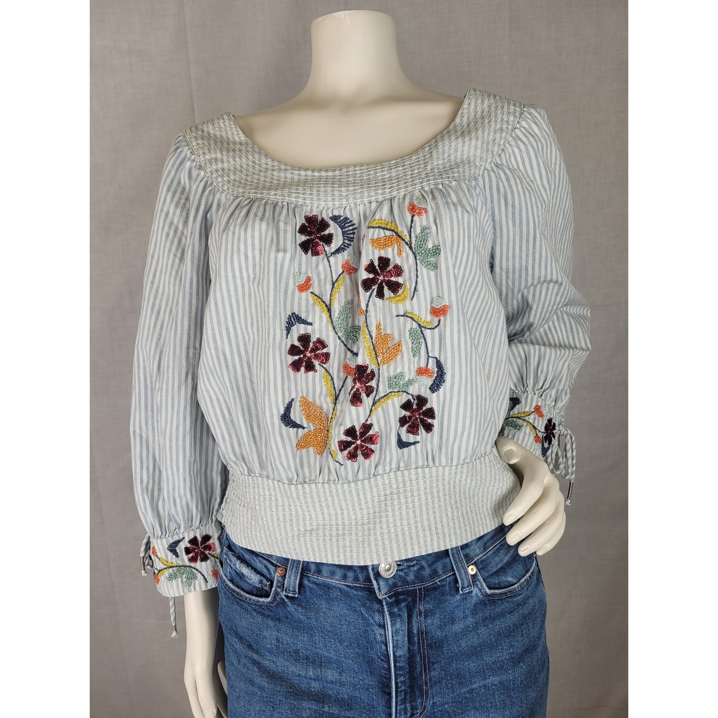 Anthropologie Beaded Bracelet Sleeved Peasant Blouse Blue & White Striped Sz S