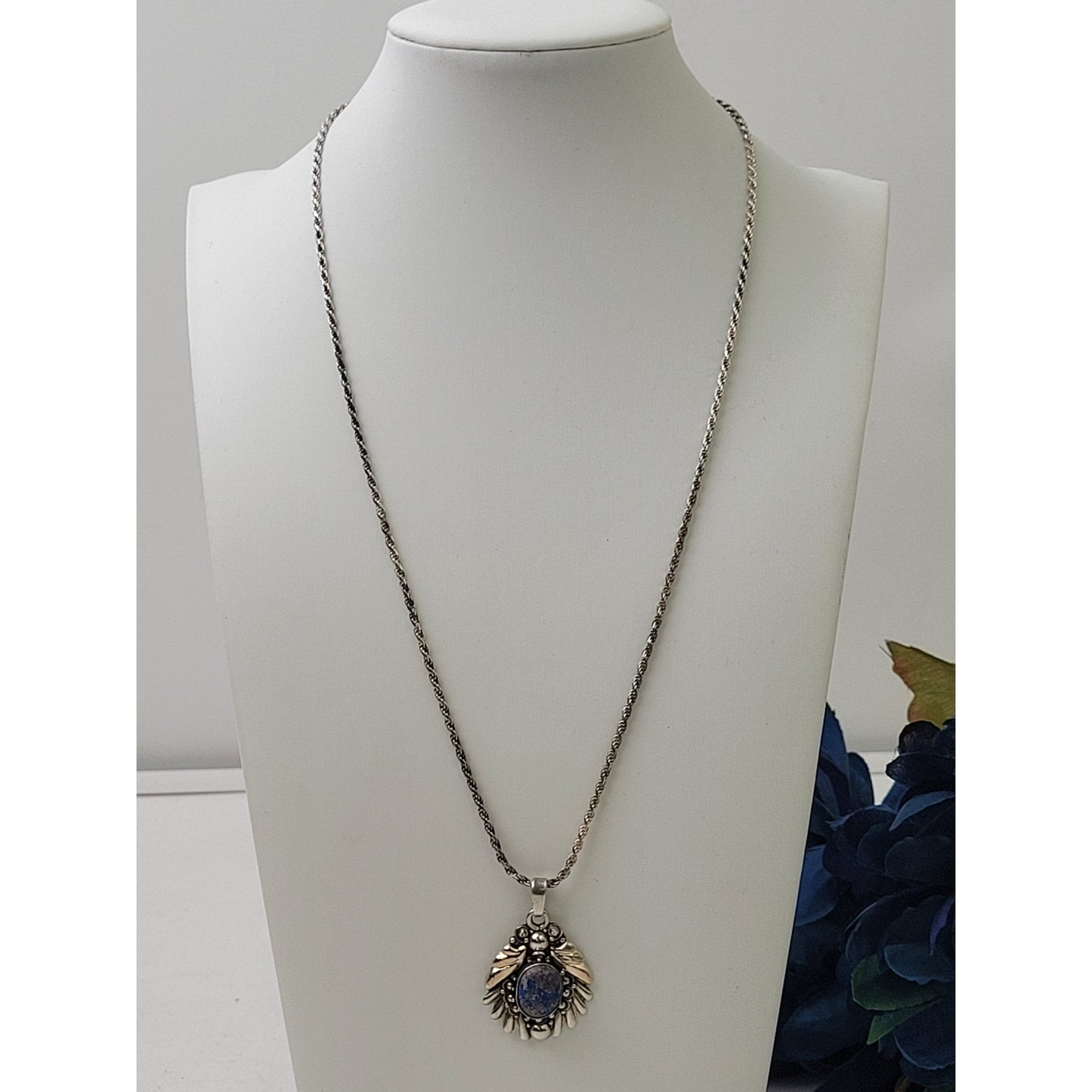 Vintage Sterling Silver Lapis Lazuli Stone Pendant w Matching 925 20" Rope Chain