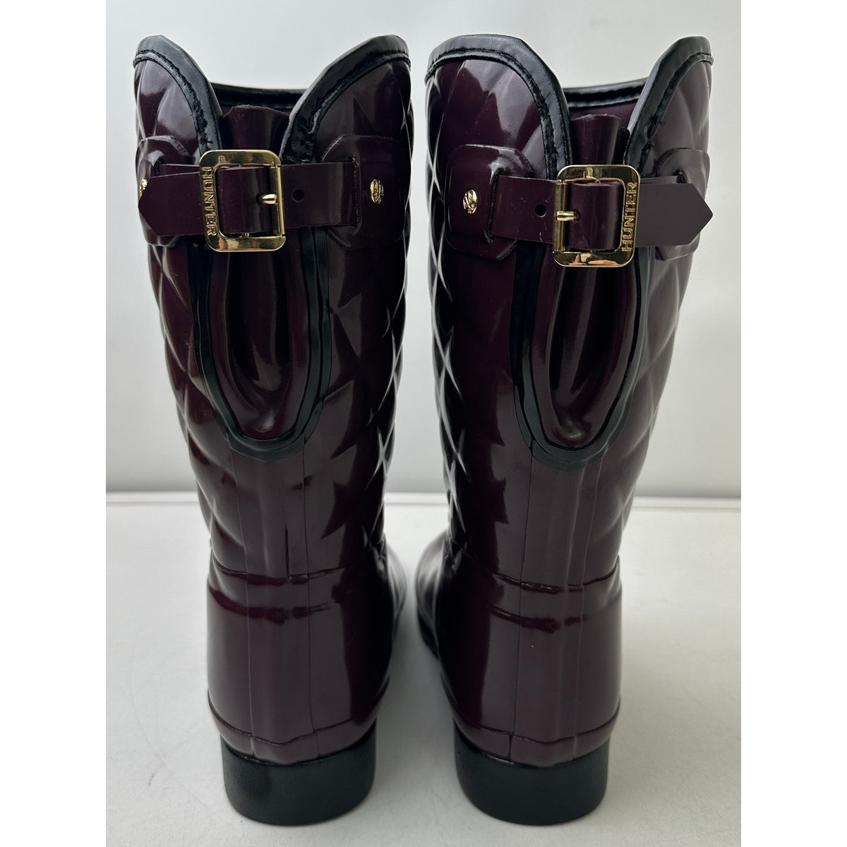Hunter Refined Gloss Quilted Tall Deep Plum / Aubergine Rain Boots Women's Sz 7