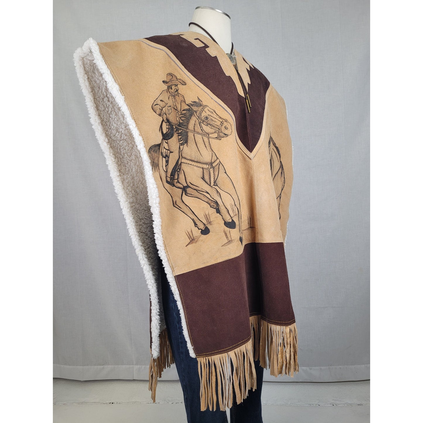 Mexican-made Western-style Leather Poncho w Fringe Cowboy and Horse Design