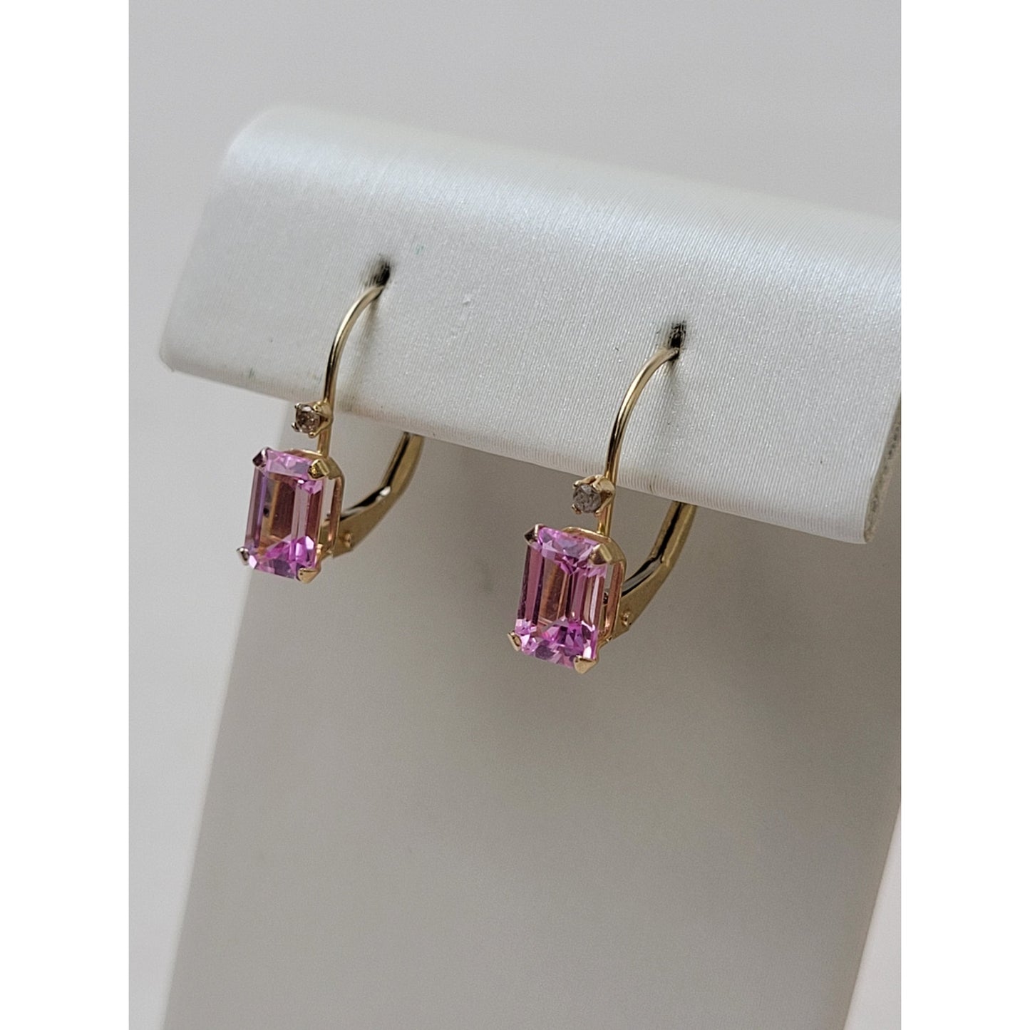 14K Solid Yellow Gold Dangle Earrings Pink Tourmaline & Diamond Stones