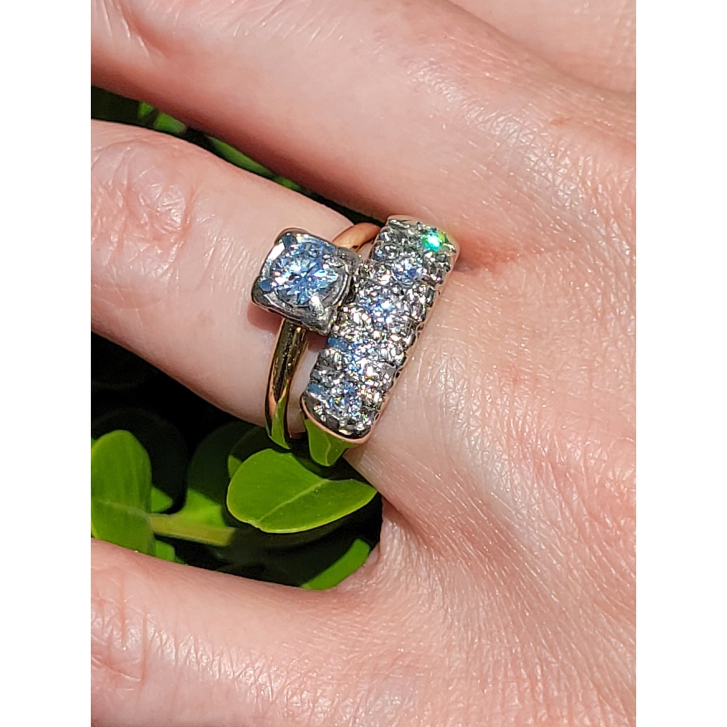 Vintage 14K Yellow & White Gold 5mm Round Diamond Engagement & Wedding Ring Set