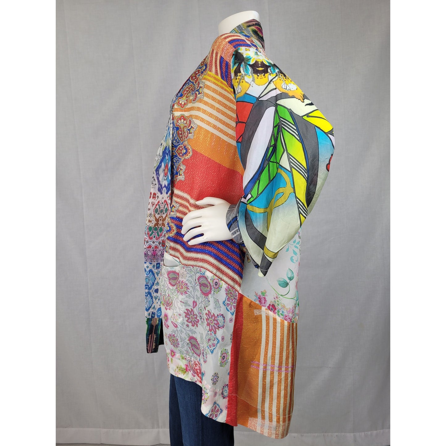 Johnny Was Multicolor Patchwork Silk Kimono Jacket Bohemian Style Sz S