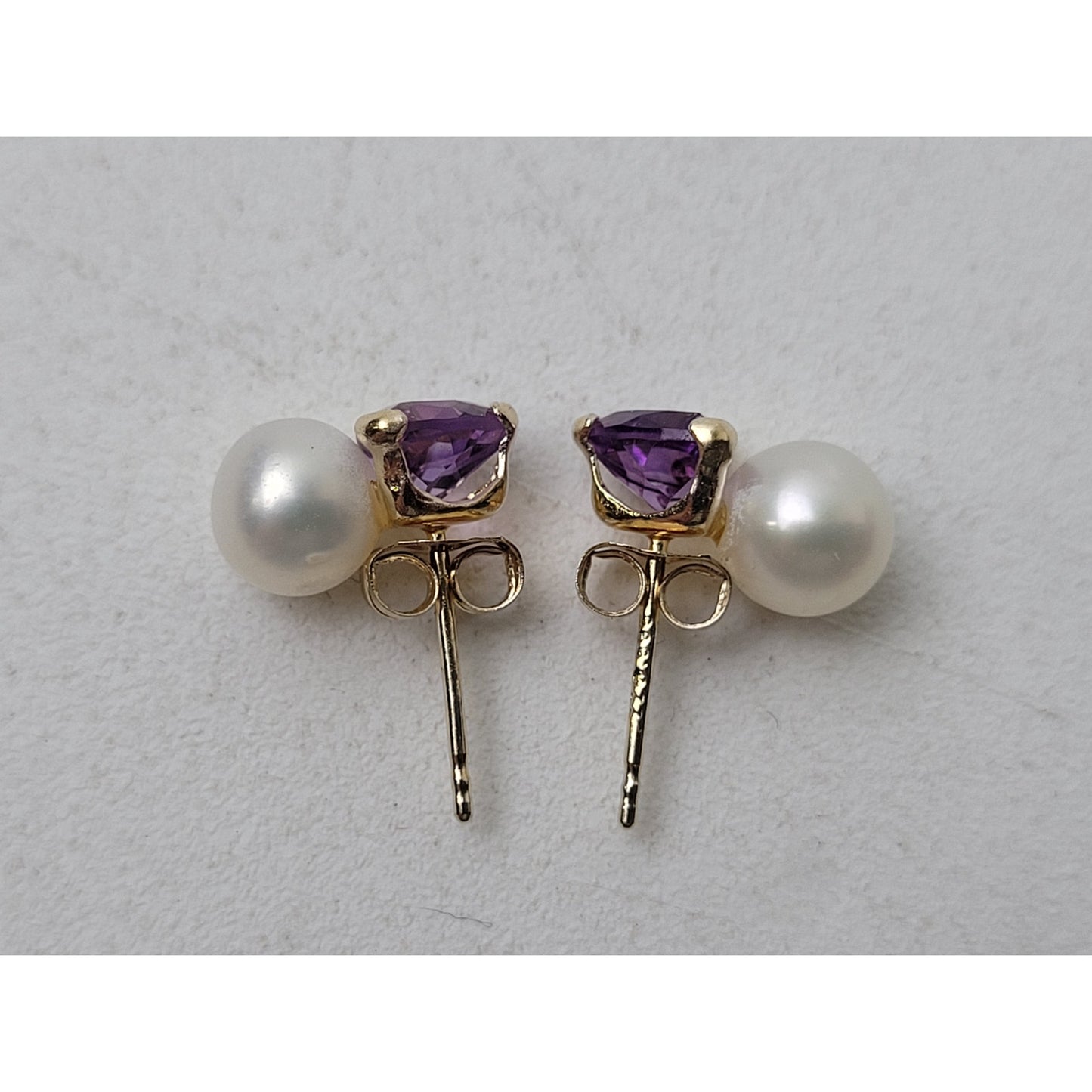 14K Yellow Gold Purple Amethyst & Pearl Drop Earrings 10mm Length