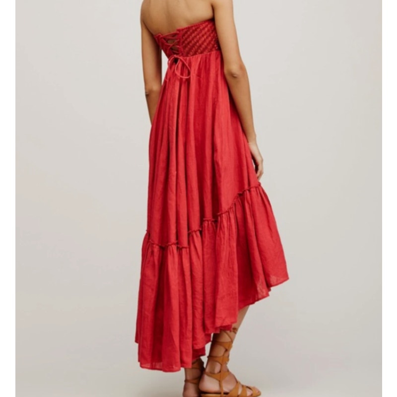 Free People Shimmers in the Sky Linen Maxi Dress Bead Embellished Bodice Sz L