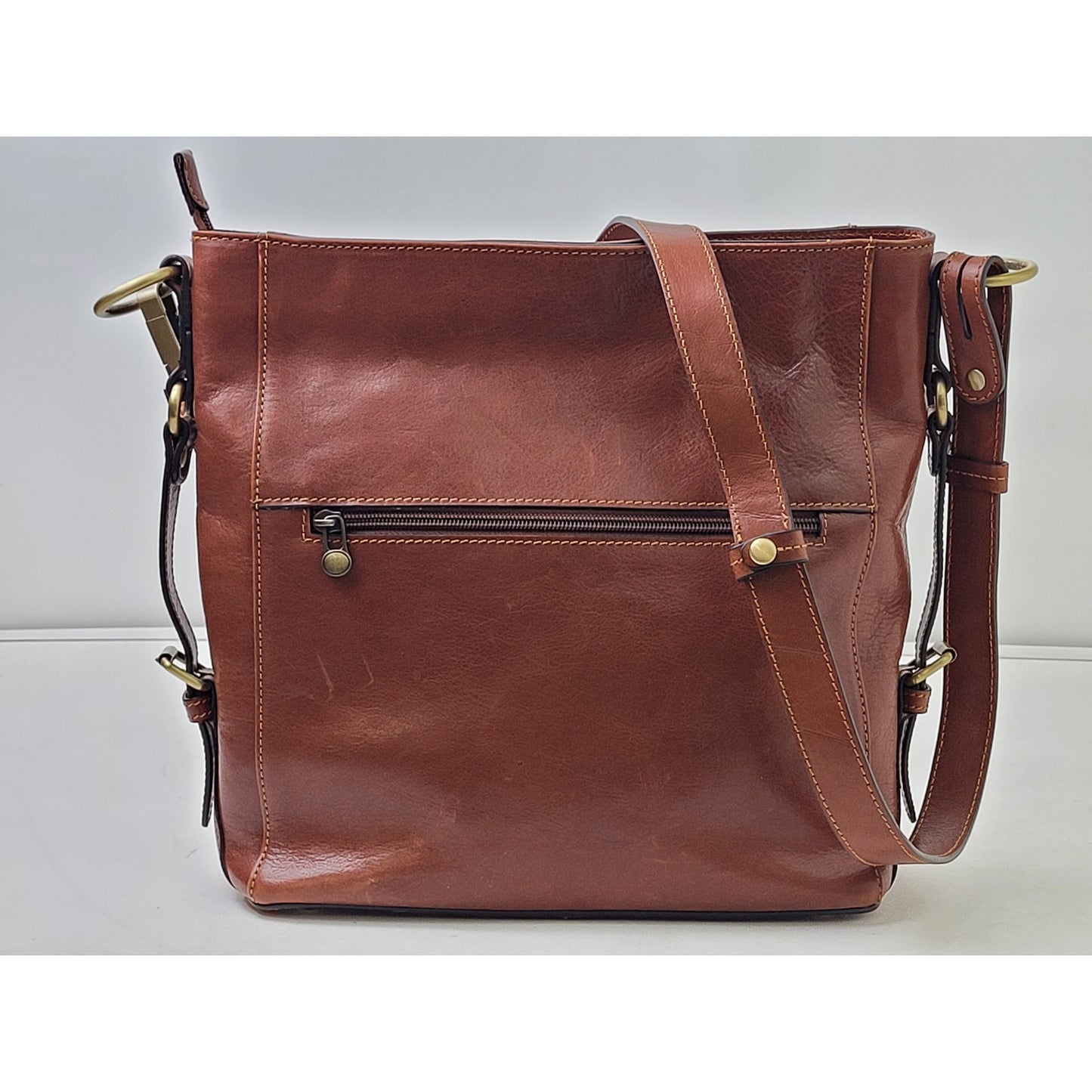 Banuce Full Grain Brown Italian Leather Hobo Bucket Bag w Brass Hardware