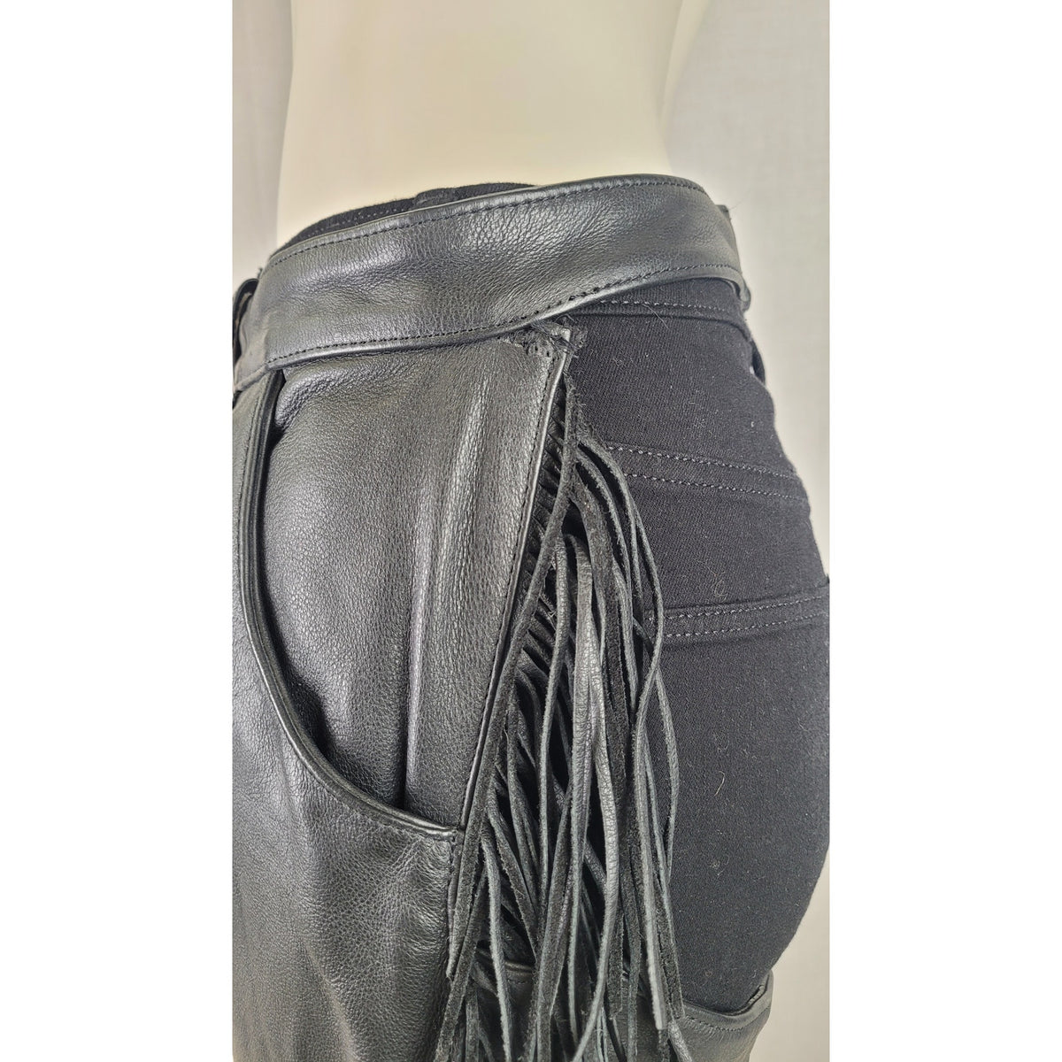 VTG Harley-Davidson Fringe Black Leather Motorcycle Riding Chaps Women's Sz L
