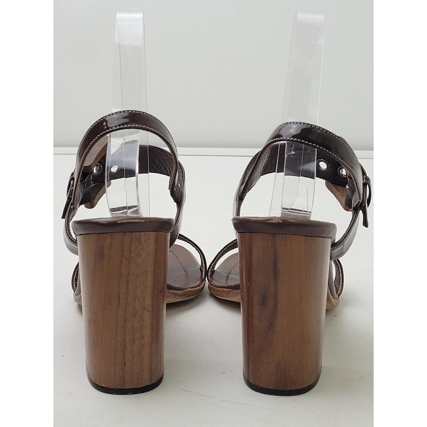 PRADA Brown Patent Leather Strappy Wooden Block Heels Sz 37.5/7 | Made in Italy