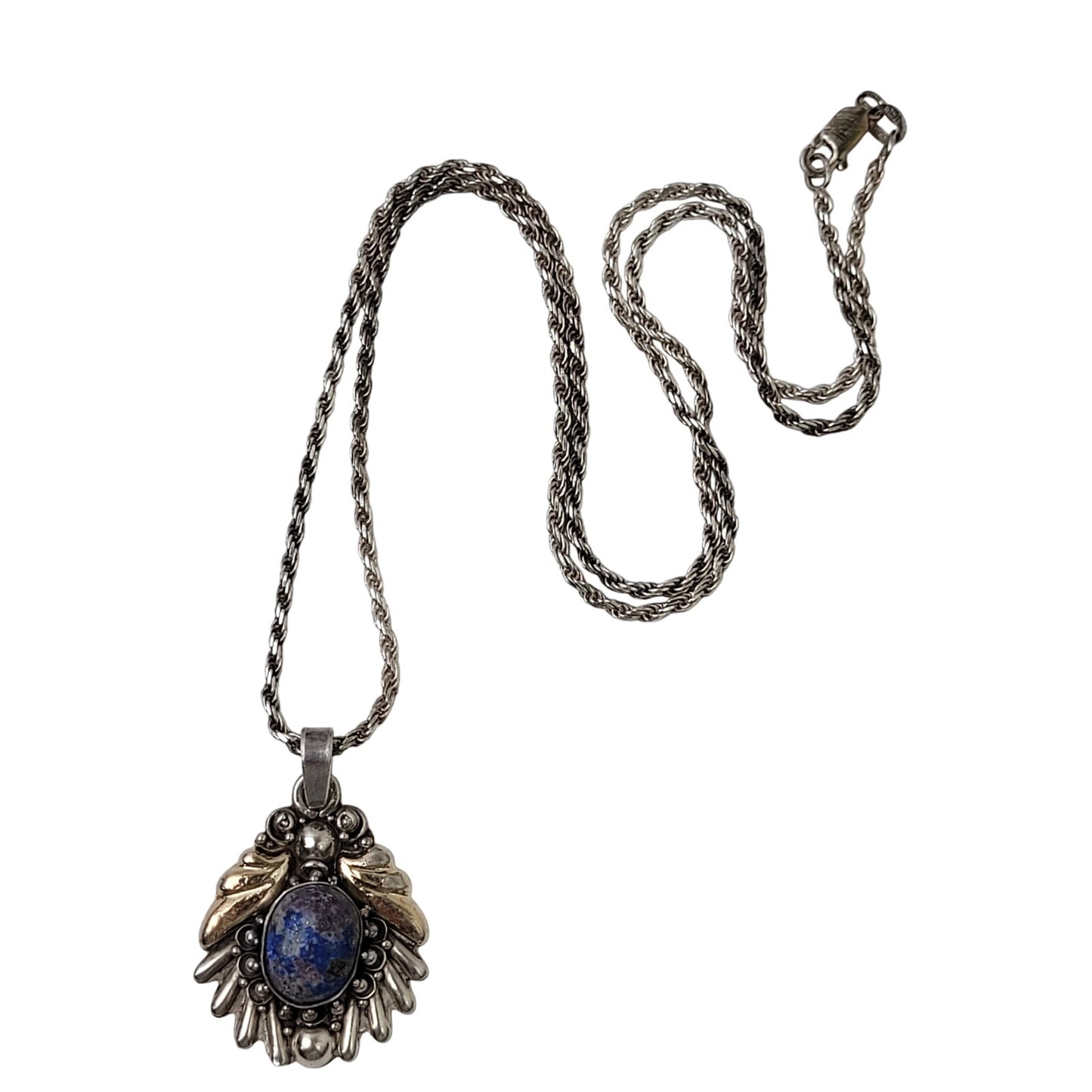 Vintage Sterling Silver Lapis Lazuli Stone Pendant w Matching 925 20" Rope Chain