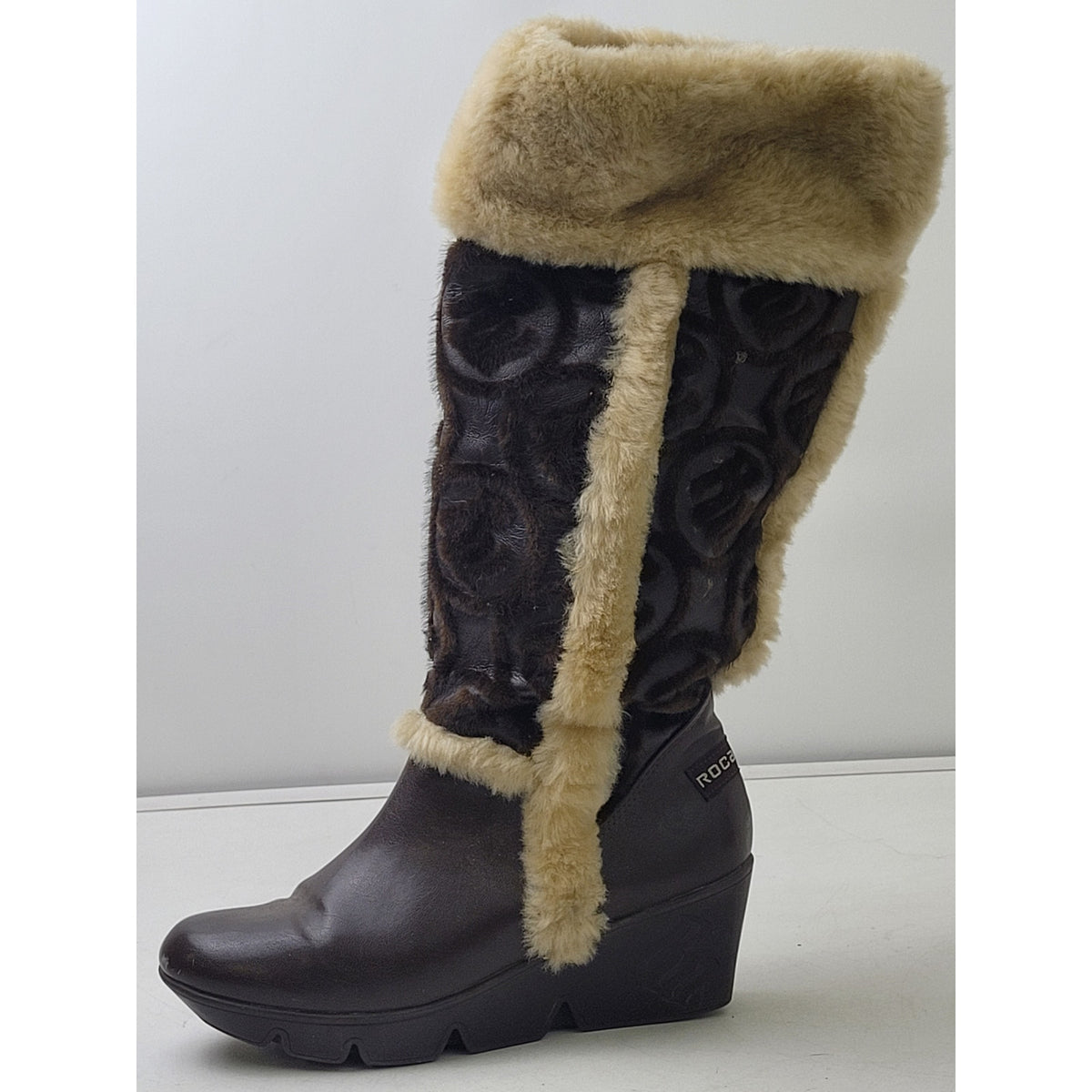 Vintage Y2K Rocawear Faux Fur Knee-High Brown Boots Wedge Heels Sz 8