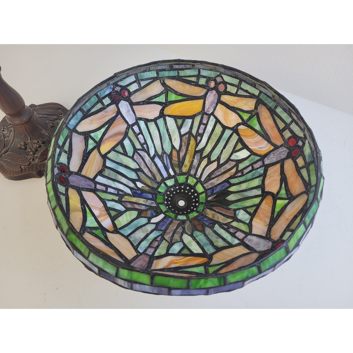 90s Meyda Tiffany Dragonfly Table Lamp Stained Glass Shade Metal Base 16" Tall
