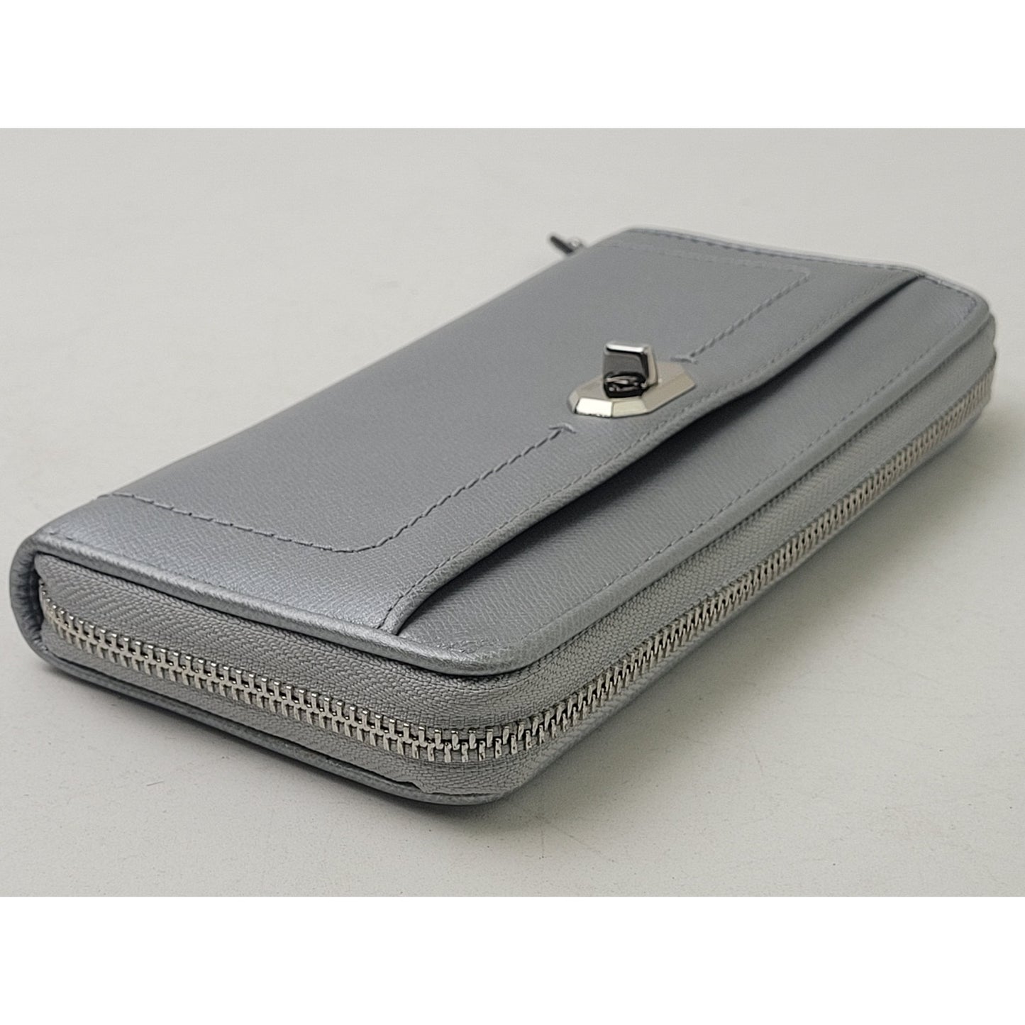 COACH Saffiano Silver Leather Turnlock Zip Around Accordion Wallet EUC