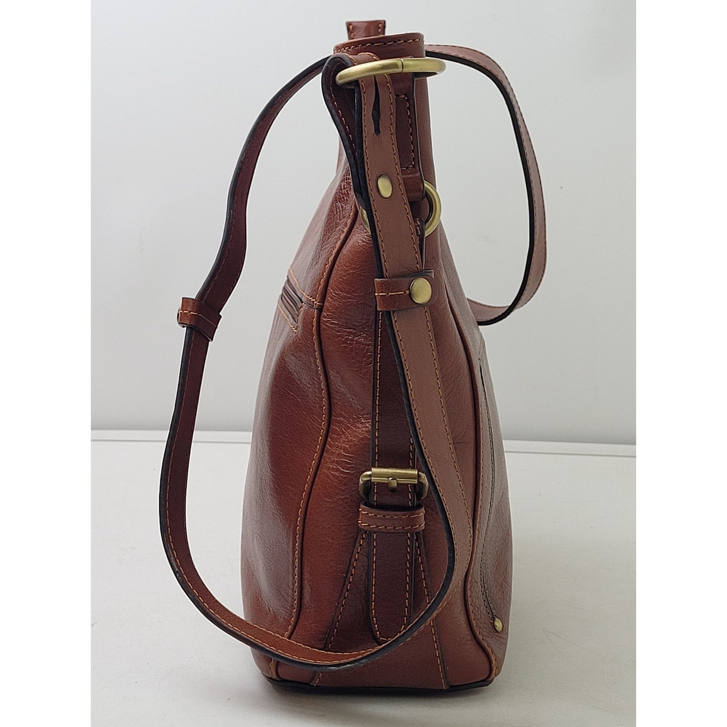 Banuce Full Grain Brown Italian Leather Hobo Bucket Bag w Brass Hardware