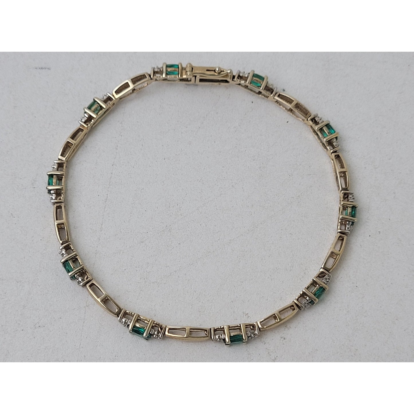 10K Yellow Gold 7" Tennis Bracelet Lab-Created Emeralds & Authentic Diamonds