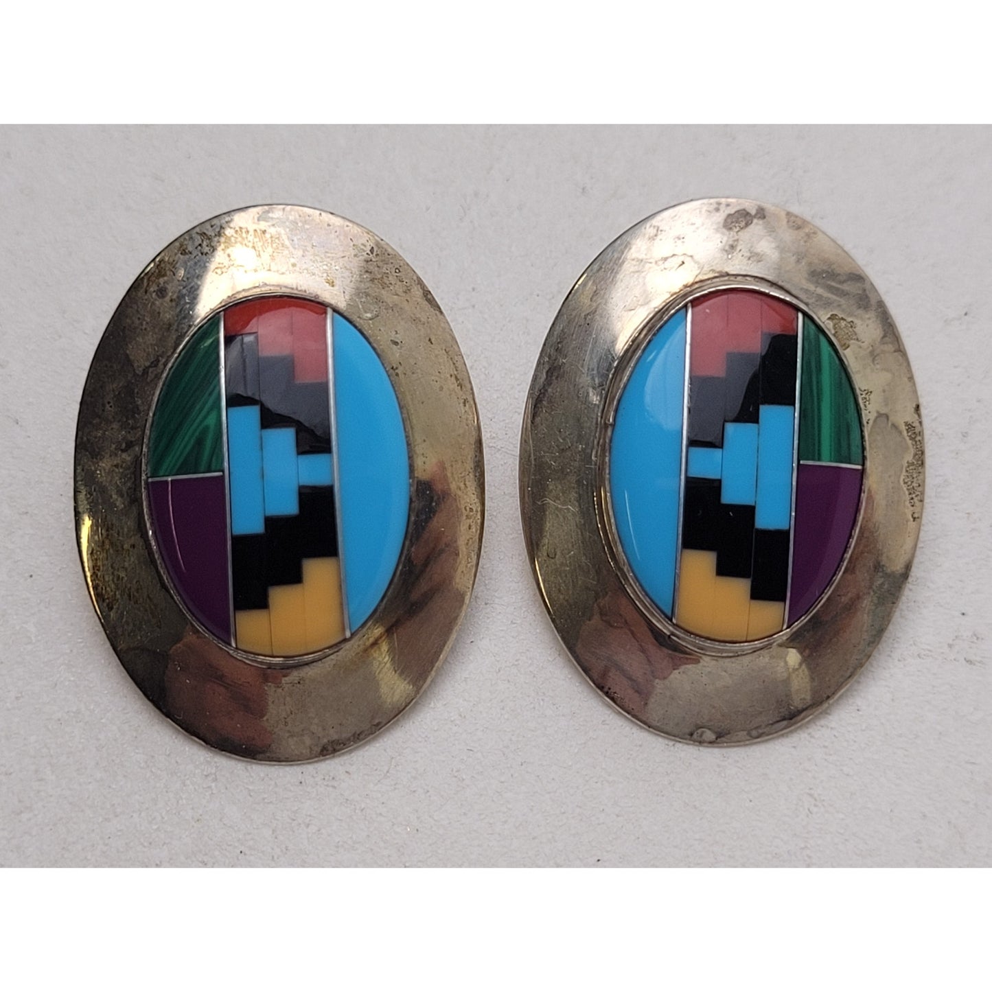 Vintage Native American Multi-Stone Inlay Sterling Silver Post Earrings