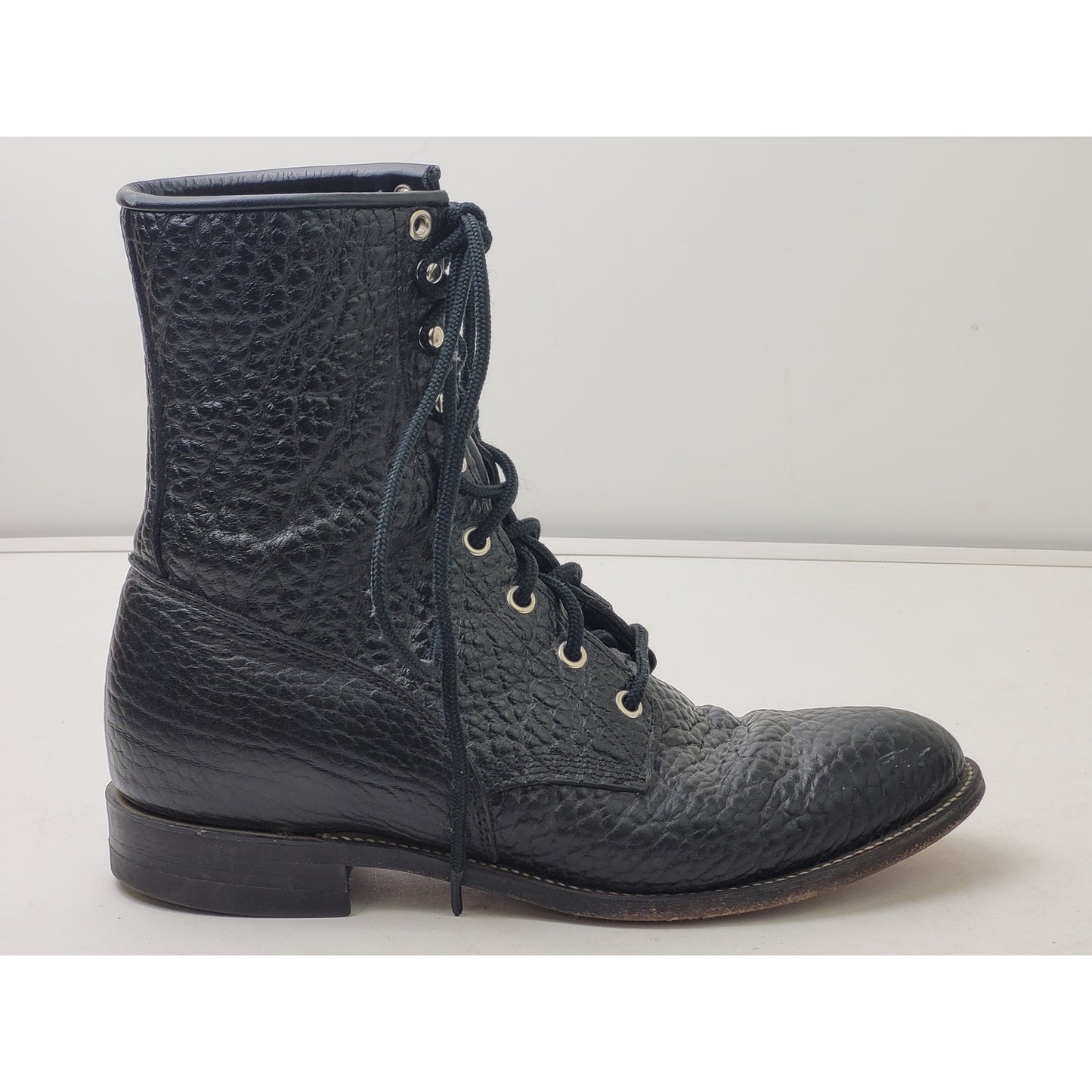 Justin L522 Bullhide Western Lacer Boots Mens Sz 8.5 D Pebbled Black Leather
