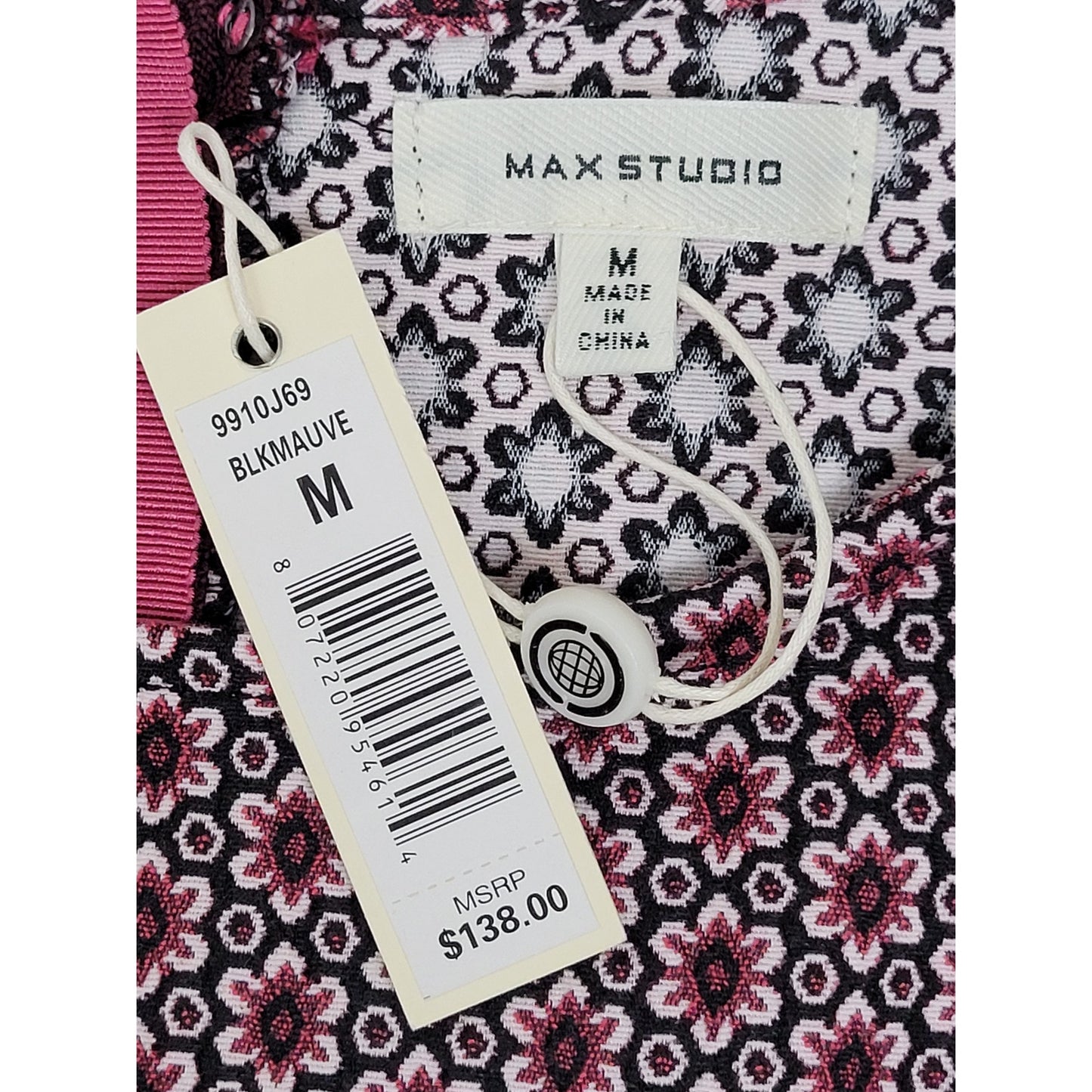 Max Studio A-Line Jacquard Design Summer Dress in Black & Mauve Sz M NWT