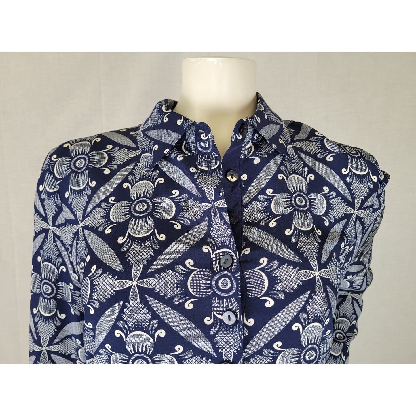 Diane von Furstenburg Sorrel Navy Blue Silk Pattern & Knit Shirt Mini Dress Sz S