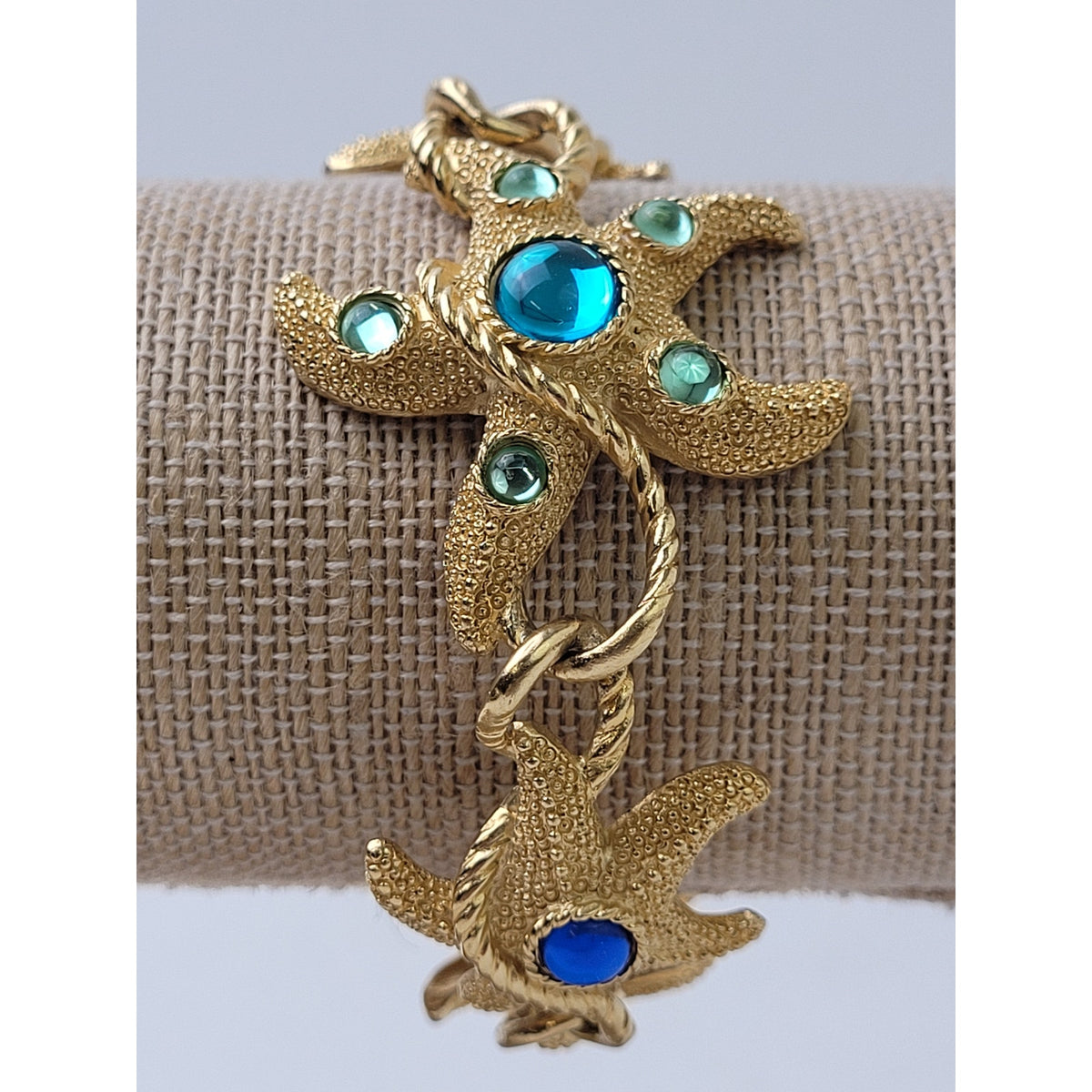 VTG 80s Trifari Gold-Tone Starfish Bracelet w Blue & Green Cabochon Stones EUC