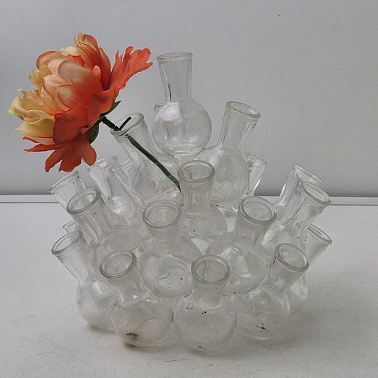 Vintage MCM Bud Vase Cluster 2-Piece Clear Glass 25 Mini Vases