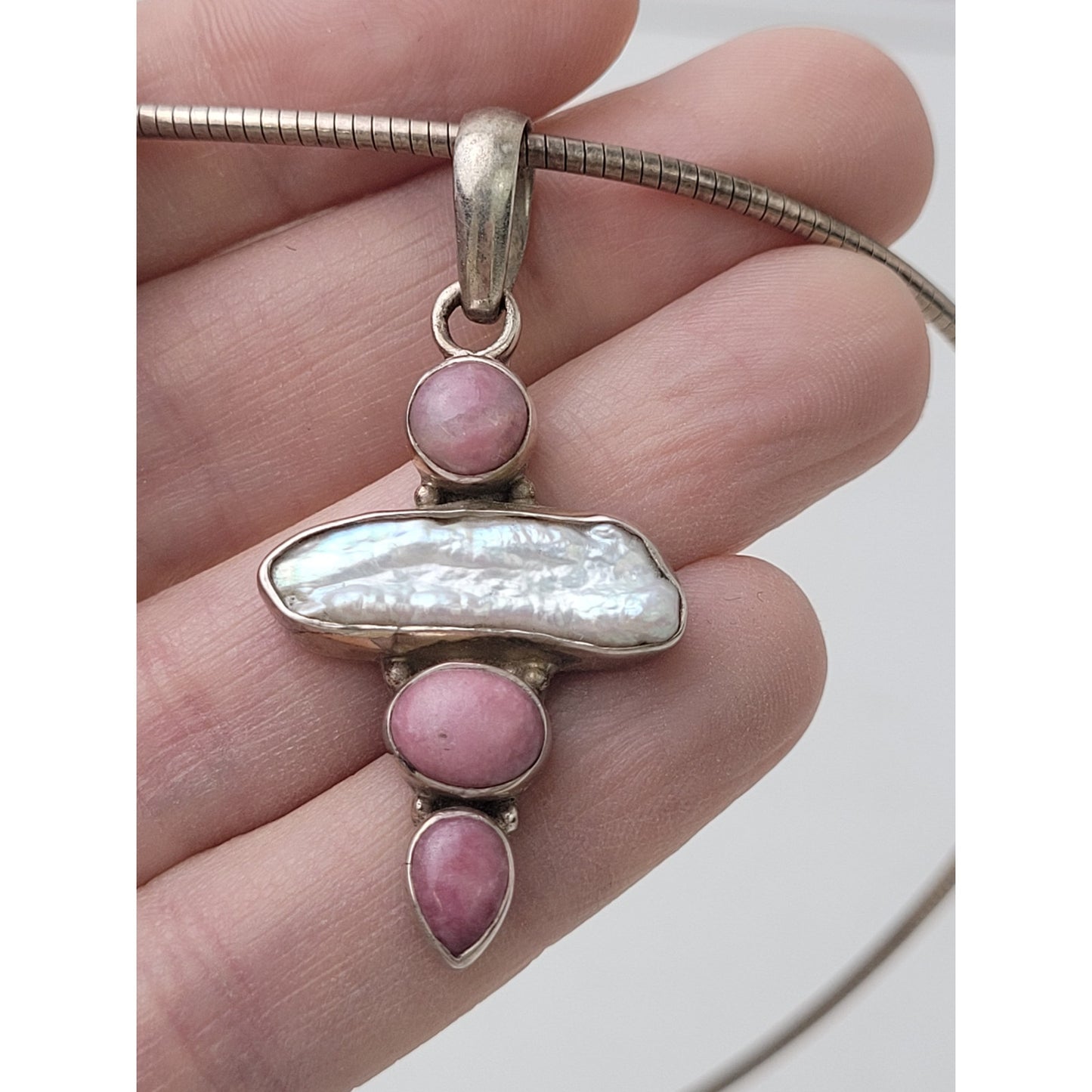 Sterling Silver Rhodocrosite & Baroque Pearl Pendant on 16" Made in Italy Chain