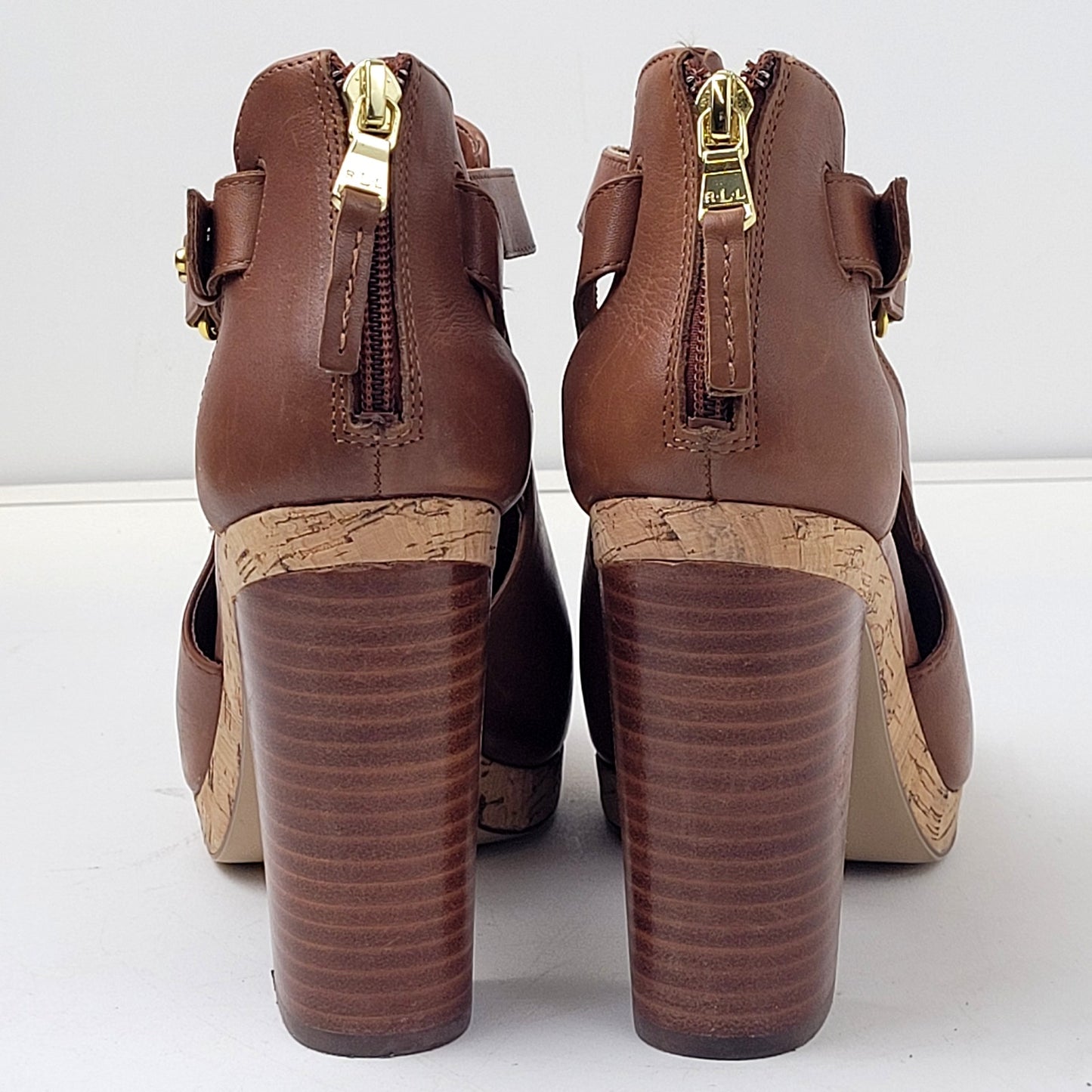 Ralph Lauren Fiana Polo Tan Cognac Leather Open Toe Booties Sz 9