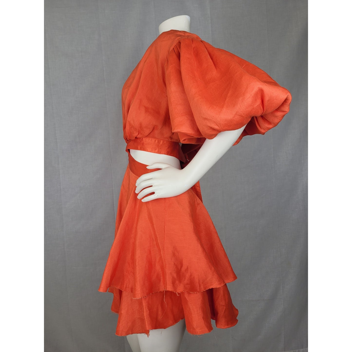 Aje Gracious Cut-Out Mini Dress Raw Cut Hem Voluminous Sleeves Women's Sz 6
