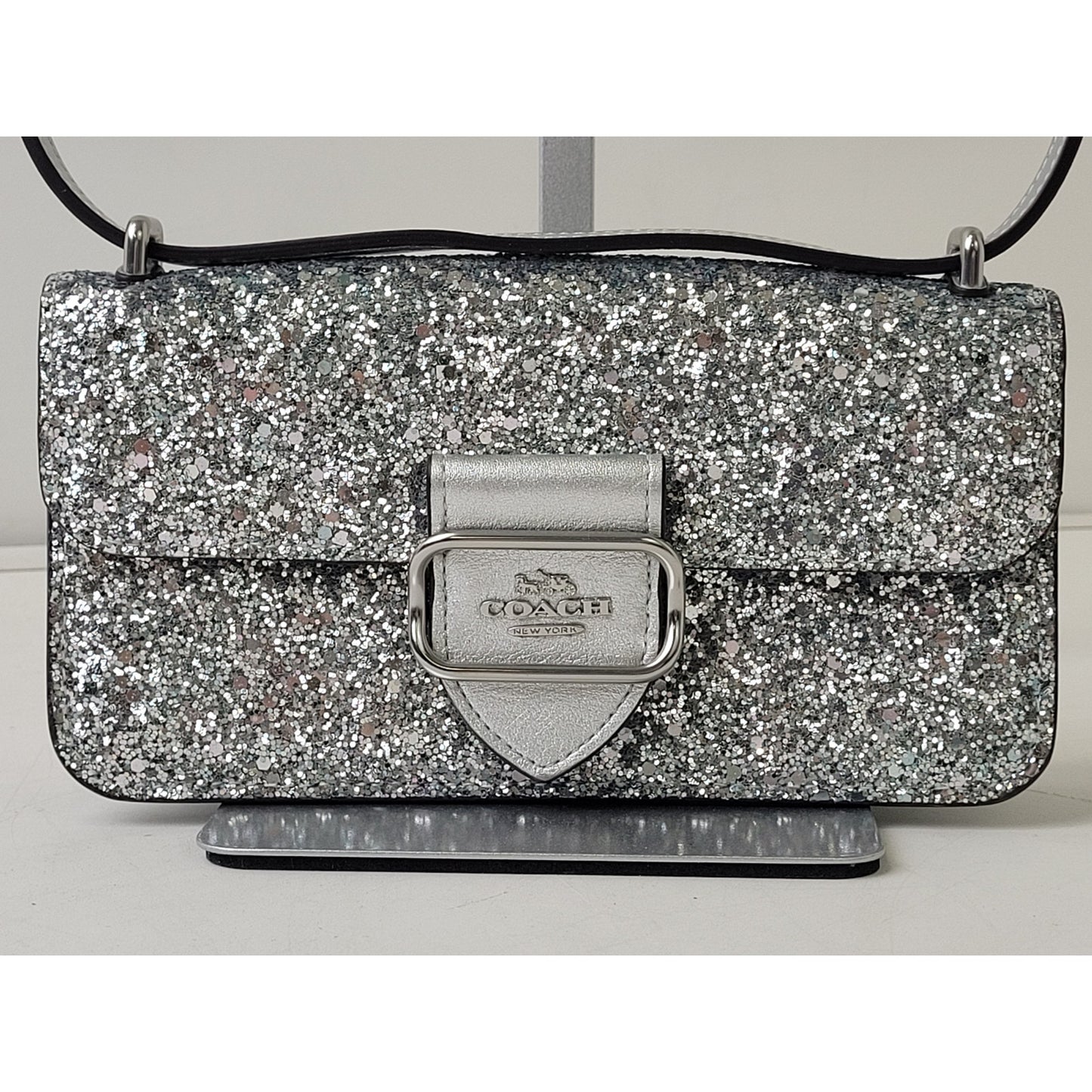 Coach Morgan Crossbody Clutch Bag Silver Glitter & Leather EUC